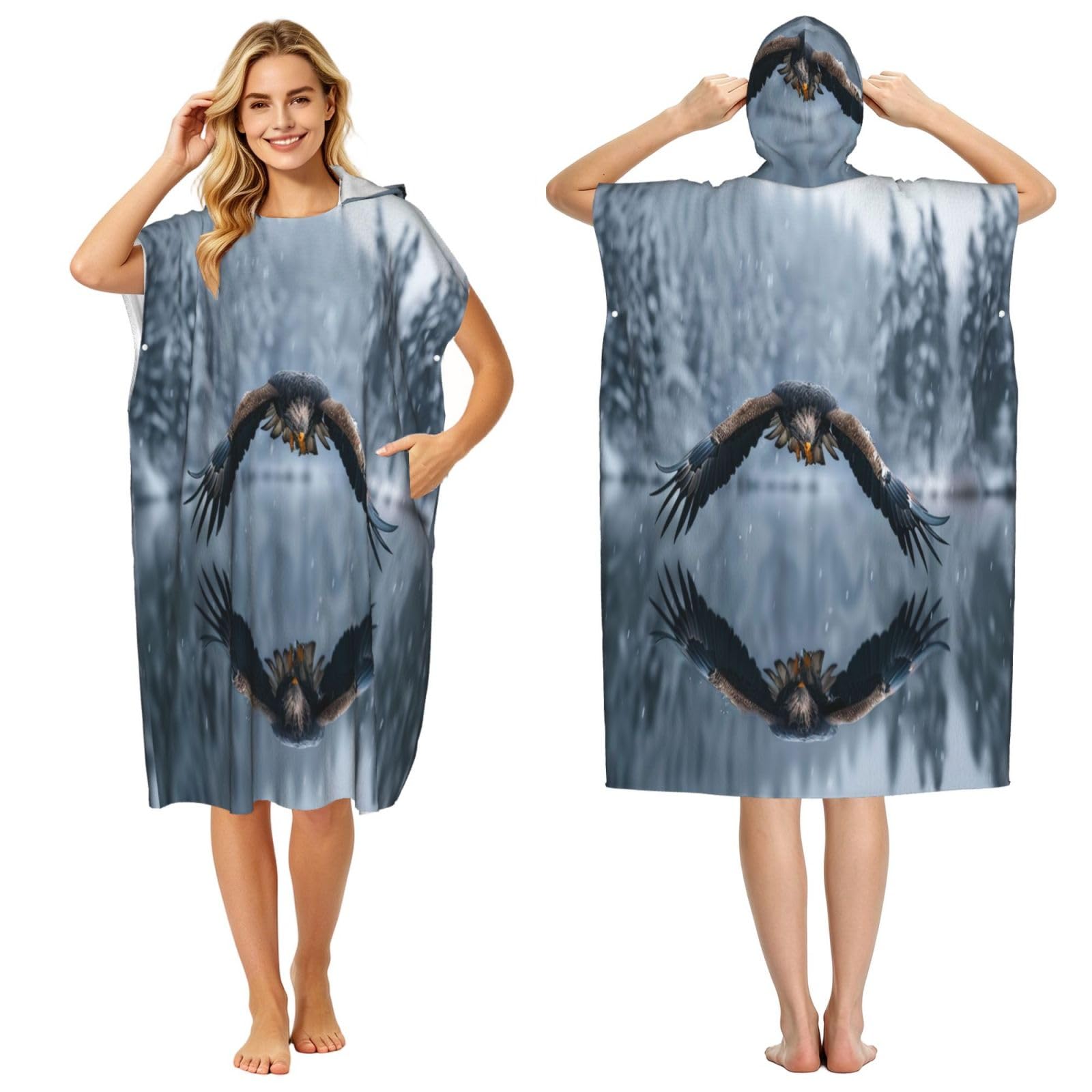 DTHKJNLSF Eagle Flying Over Water Adult Hooded Beach Poncho Towel