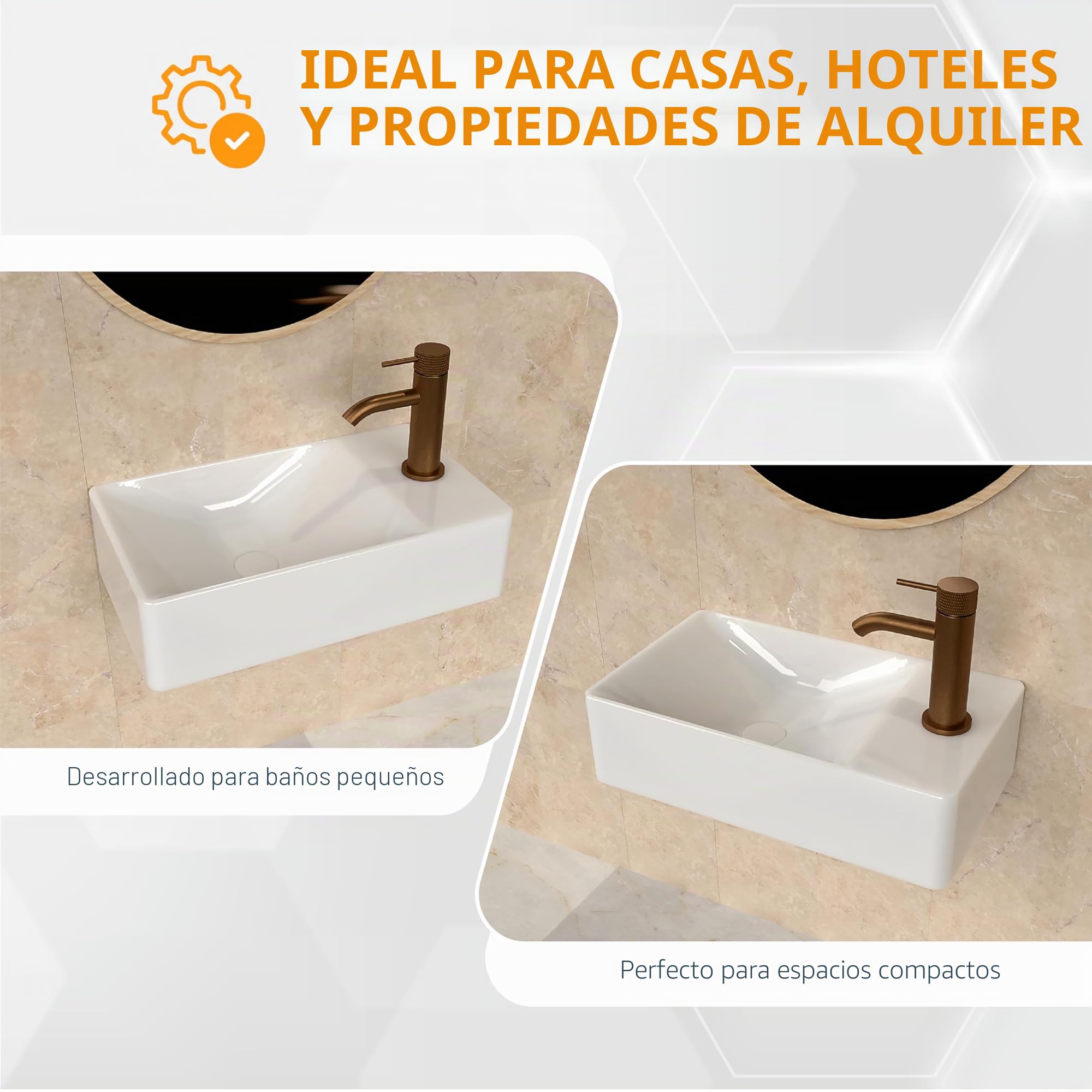 HOGART lavabo pequeño baño 38x22 cm, lavabo cerámica rectangular, lavabo suspendido pared o sobre encimera, con orificio para grifo, sin rebosadero, aseo invitados moderno (38x22cm (L))