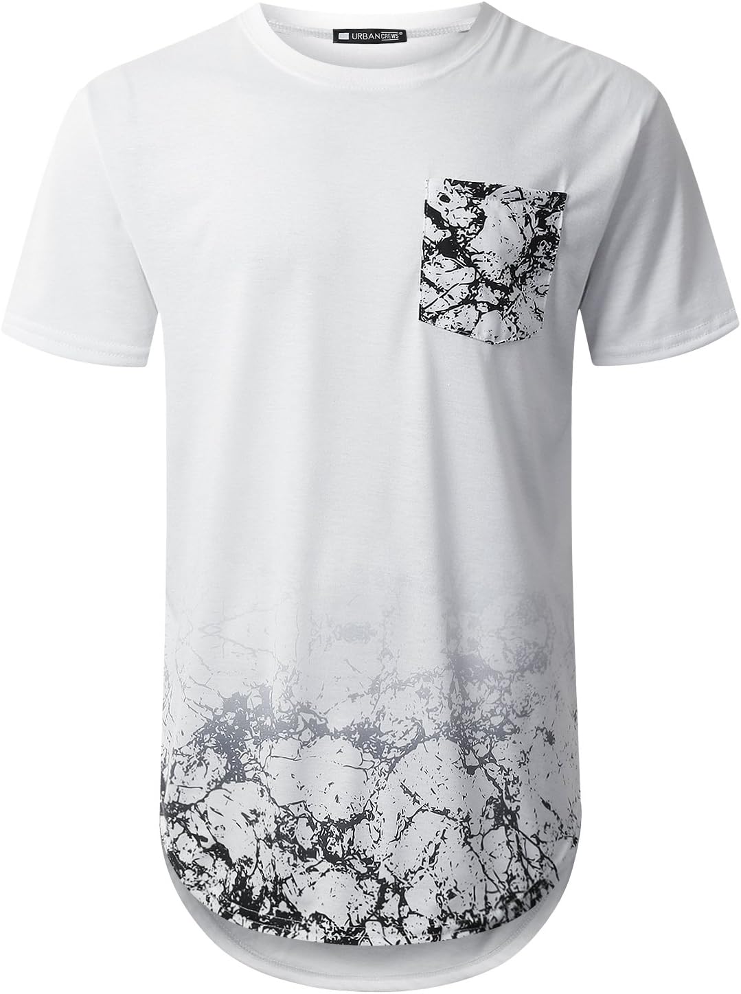 URBANTOPS Mens Hipster Hip Hop Crack Graphic Pocket Longline T-Shirt White, S