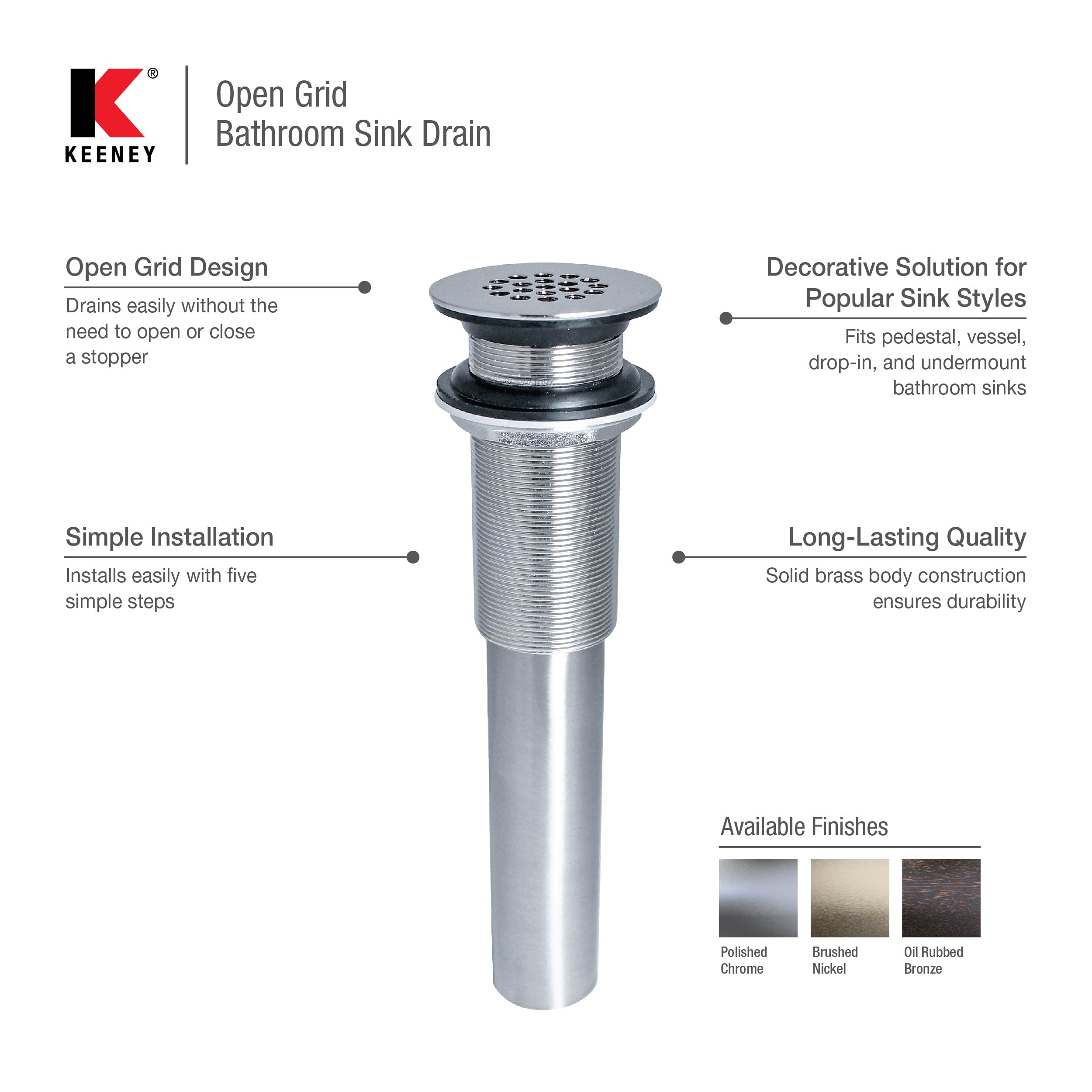 Keeney - Desagüe universal para fregadero sin rebosadero