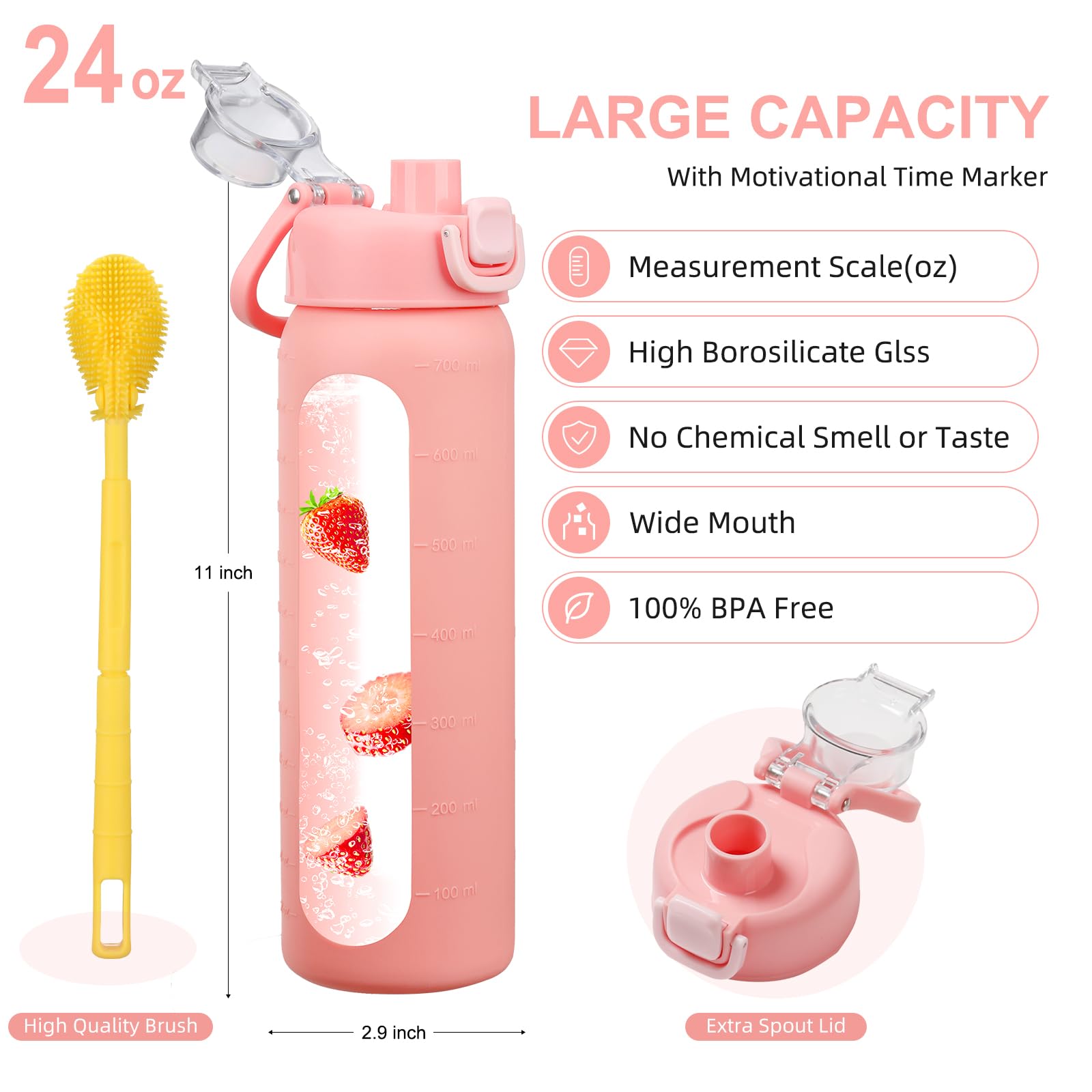 chunmo Bouteille d'eau en verre de 710 ml avec 2 couvercles, couvercle à bec verseur et couvercle à paille, bouteille d'eau motivante avec marqueur de temps et manchon en silicone, étanche, rose