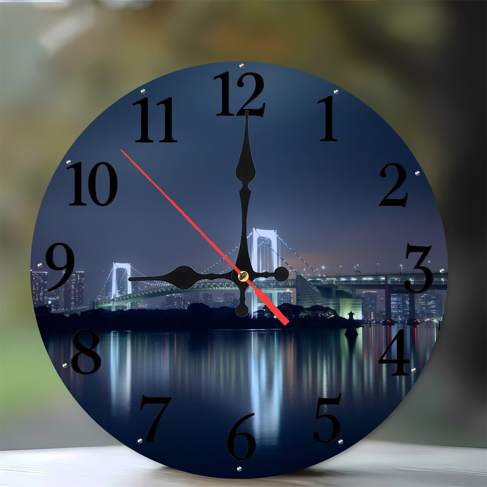 Horloge murale en bois de 35 cm avec motif pont de rivière pour salon et cuisine