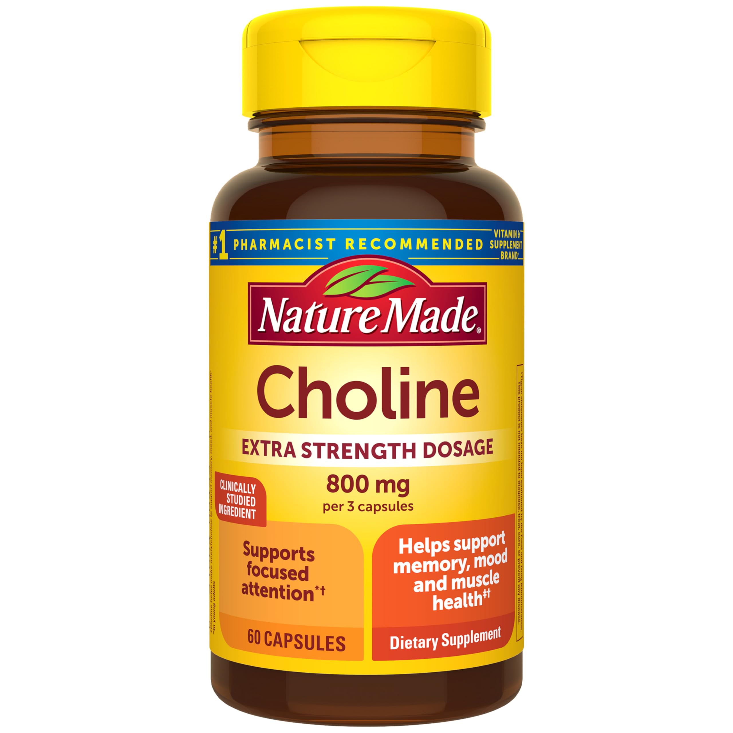 Extra Strength Dosage Choline Supplements 800 Mg Per 3 Capsules, Brain Health, Mood, Muscle & Liver Support, Vegetarian, 60 Capsules, 20 Day Supply