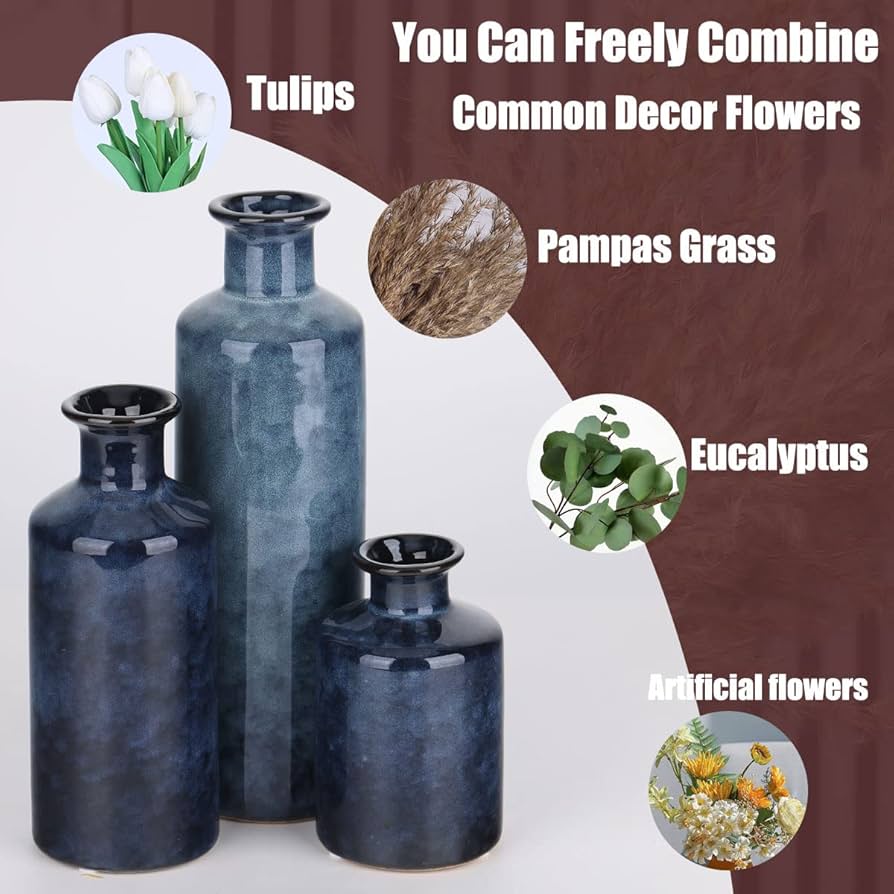 Amazon.com: Blue Ceramic Vase Set - 3 Blue Small Vases