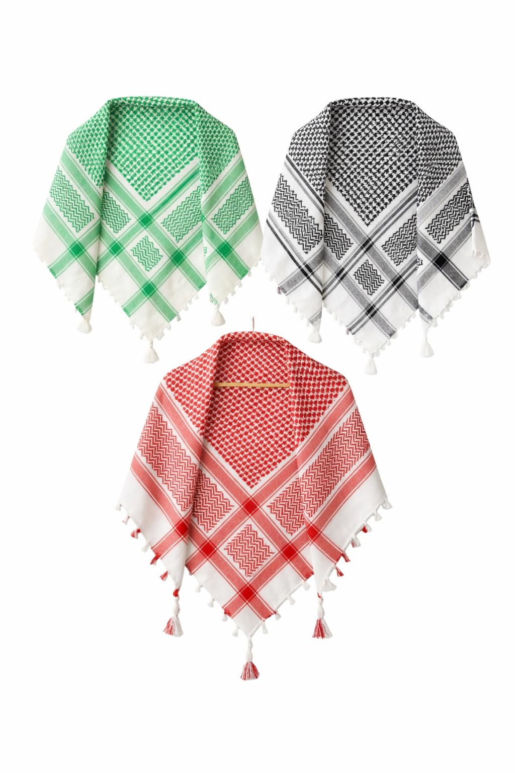 Arabic Scarf, Traditional Shemagh Keffiyeh, Red Green Black, Pack of 3-image-33