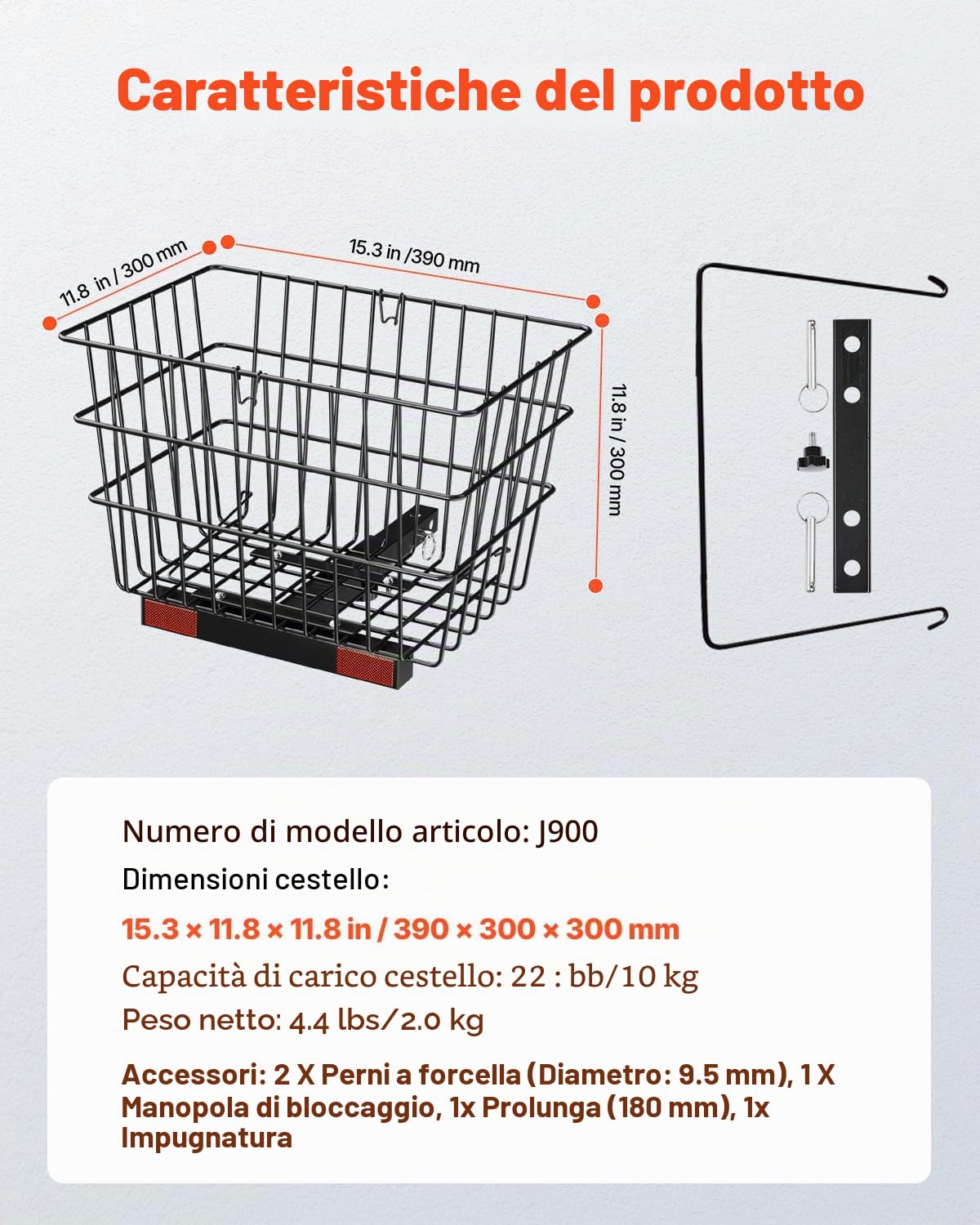 VEVOR Cestino Posteriore per Scooter, Cestino in Filo Metallico Resistente con Maniglia, per il Carico, Funziona con Ricevitore, Compatibile con Maggior Parte Scooter 390 x 270 x 250 mm