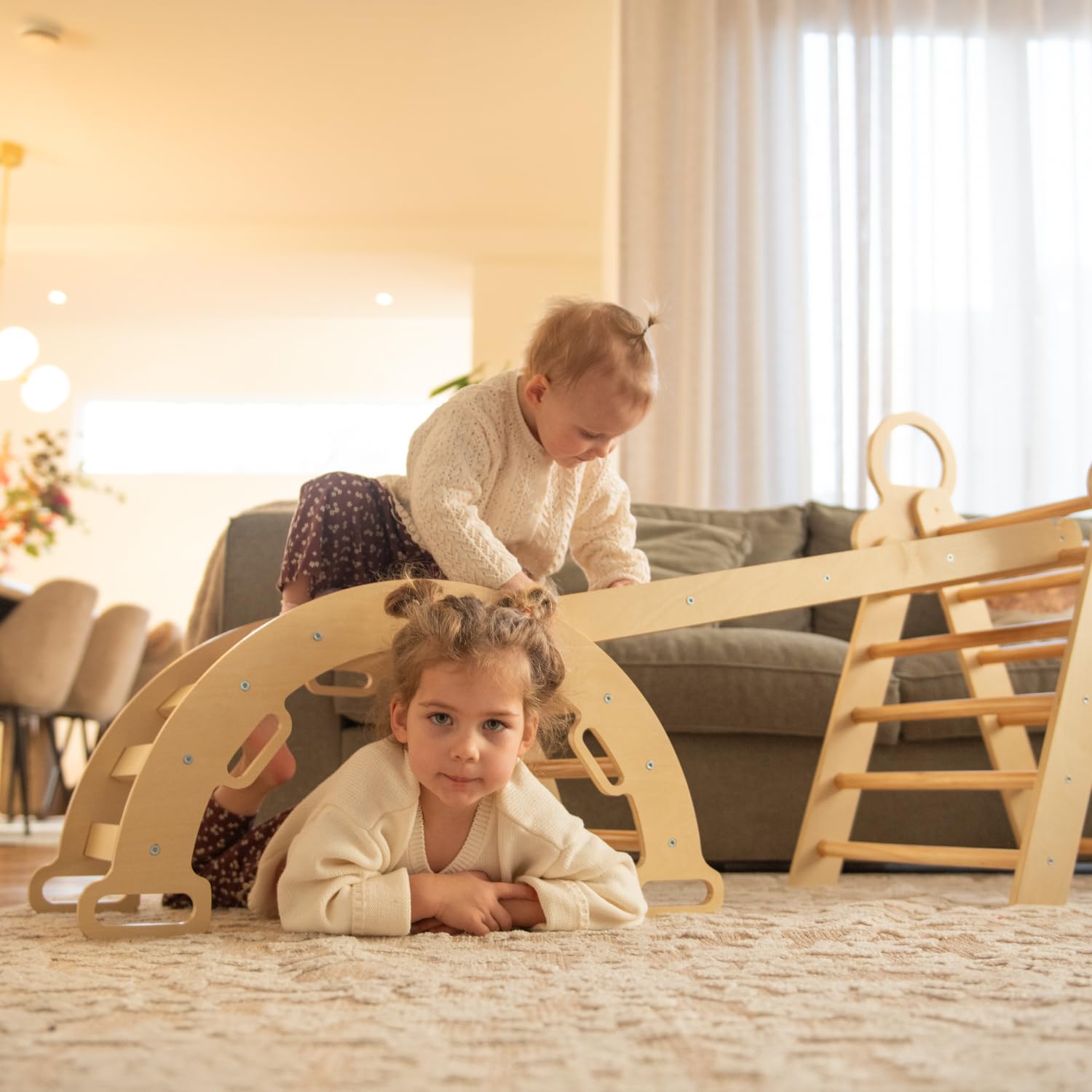 FINOOS Montessori Indoor Spielset: 7-in-1 Klettergerüst mit Rutsche & Bogen für Kleinkinder und Kinder (1-3 Jahre) (Naturholz)
