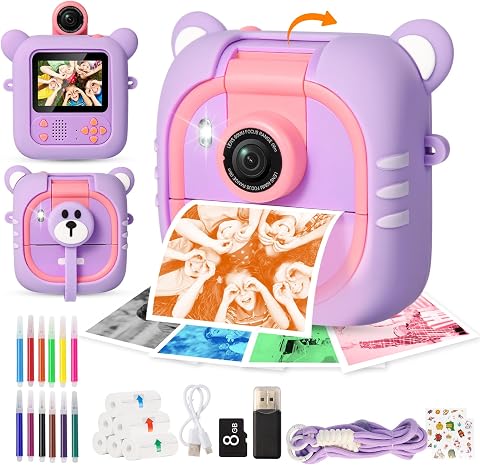 ARNSSIEN Camara Fotos Infantil Instantanea 2,4"Camara instantanea Lente180° | 1080P Impresión instantánea, 7 papeles (4 Col: O/R/V/B+3 B&N), regalo cumpleaños y Navidad para niños y niñas 3-12 años, M2