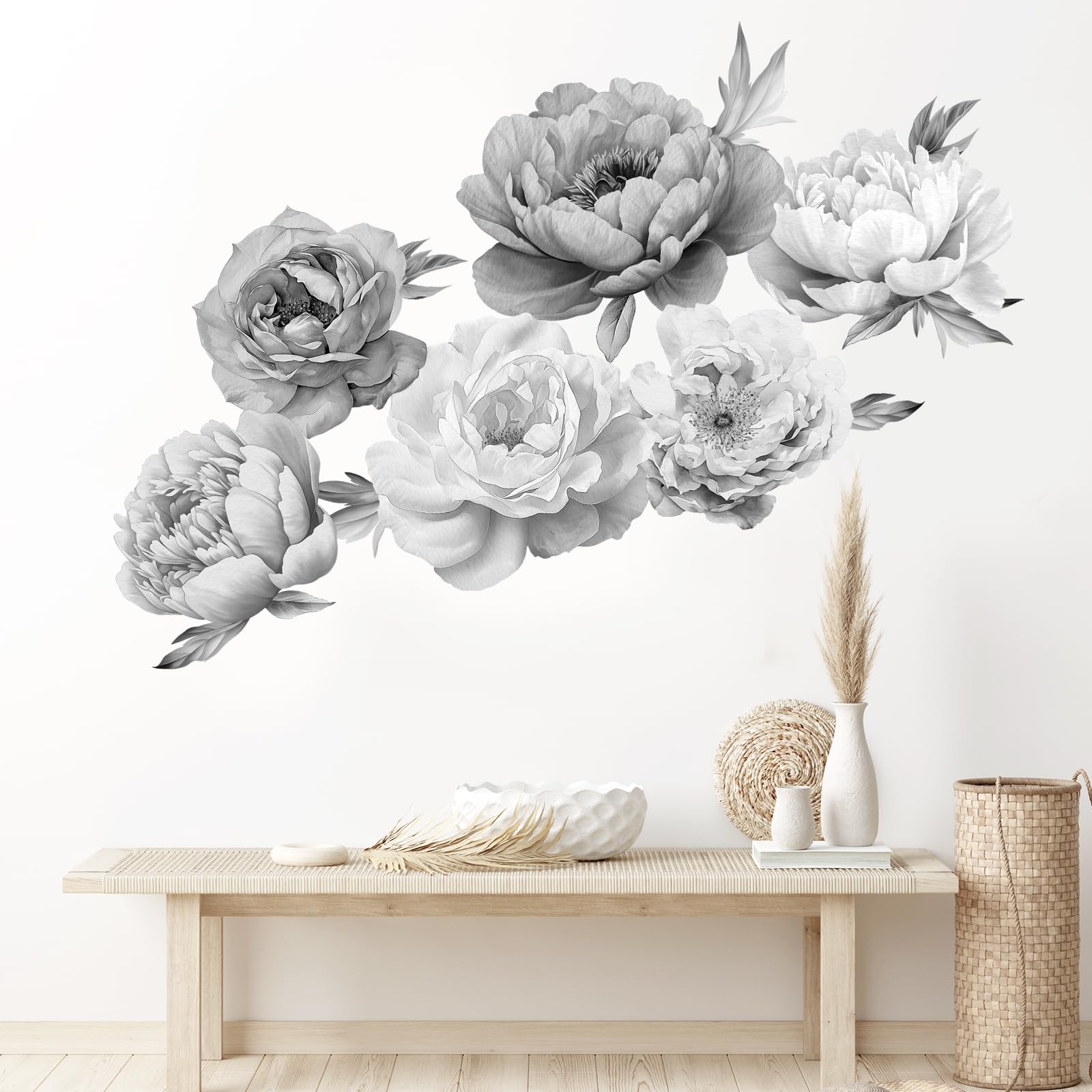 SHUCHING 3D Large Flowers Wall Stickers, Black and Grey Florals Wall Decals