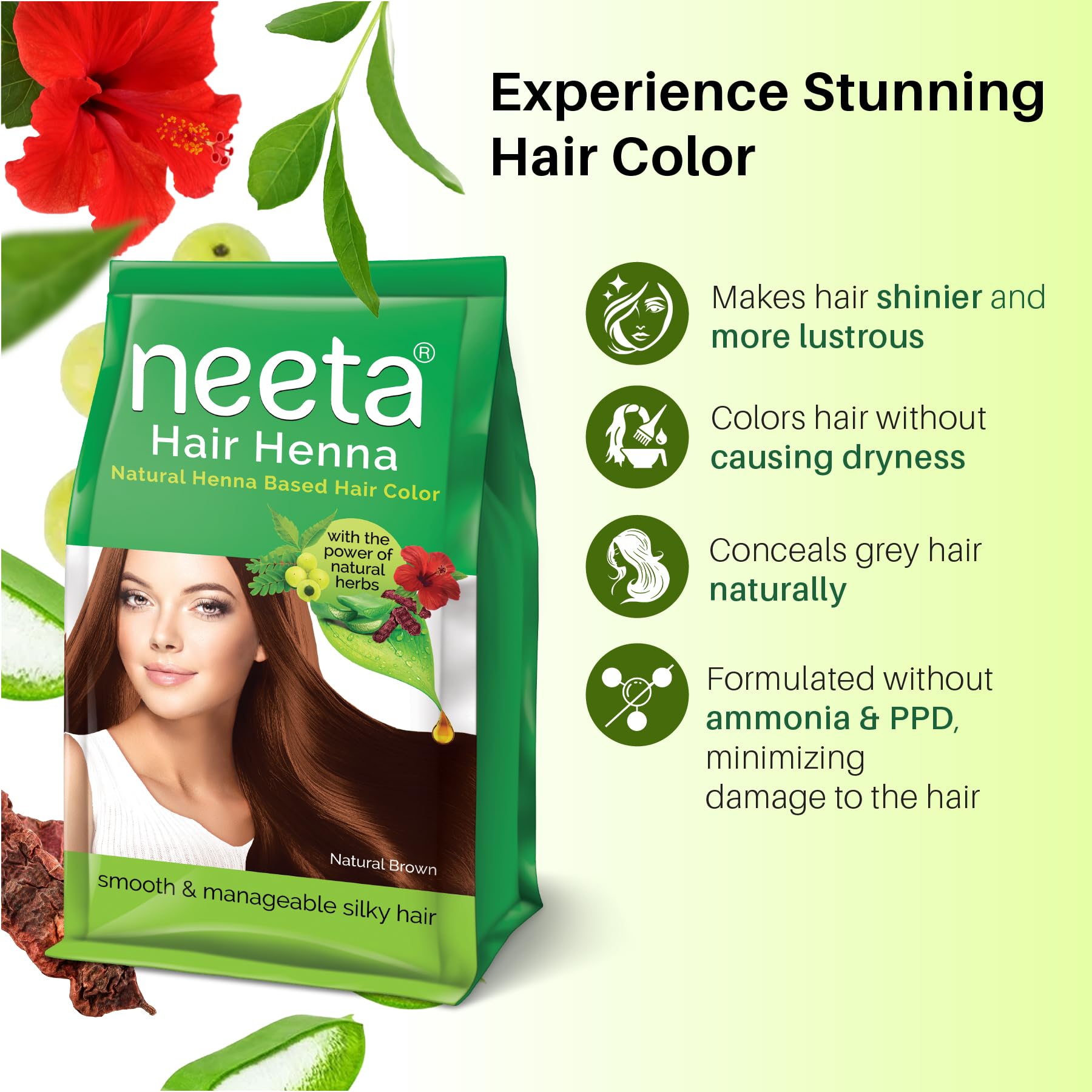 Neeta Hair Henna Natural Henna-Based Hair Color with Herbal Ingredients for Smooth & Silky Hair, Natural Brown Shade, 125g Each (Pack of 4) 2