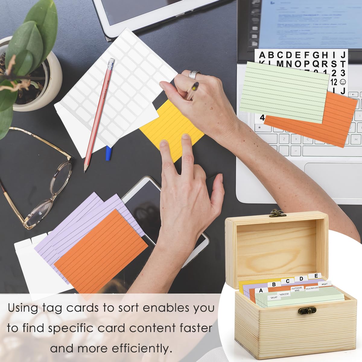 CENBEN Index Card Box Set, Wooden Index Card Holder with 100Pcs Cards, Revision Flash Cards Storage Box with 30 White Dividers, 1 Blank Sticker and 1 Letter Sticker - Image 4