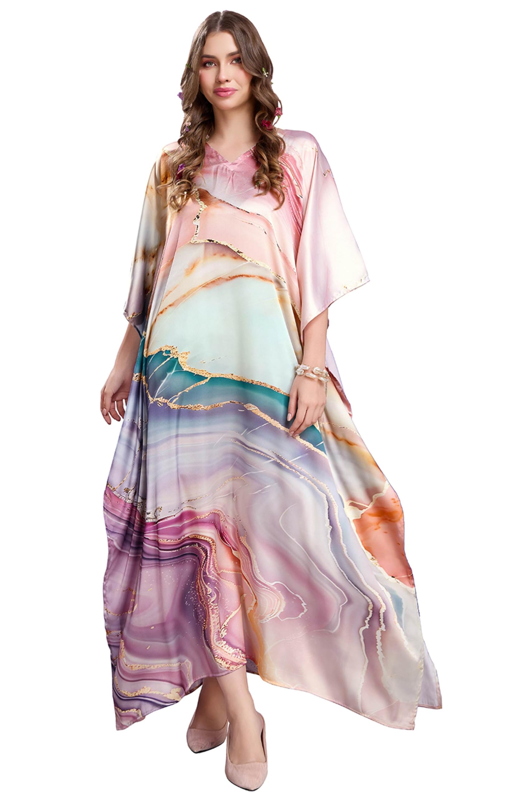 label aarna Soft Satin Kaftan with Digital Print and Hidden Adjustable Belt | Free Size [M-3XL] | Maxi Dress | Beach Wear | Kaftan Dress for Women-picture-10