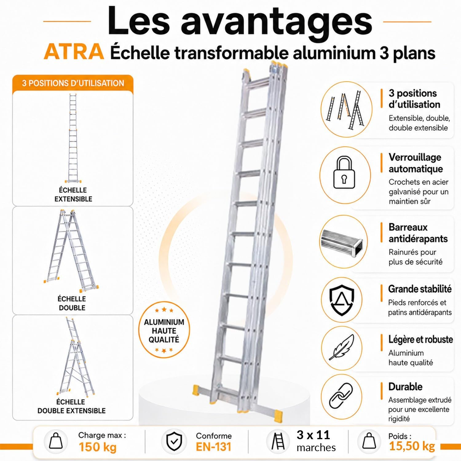 ATRA Echelle Transformable en Aluminium 3 Plans 11 marches