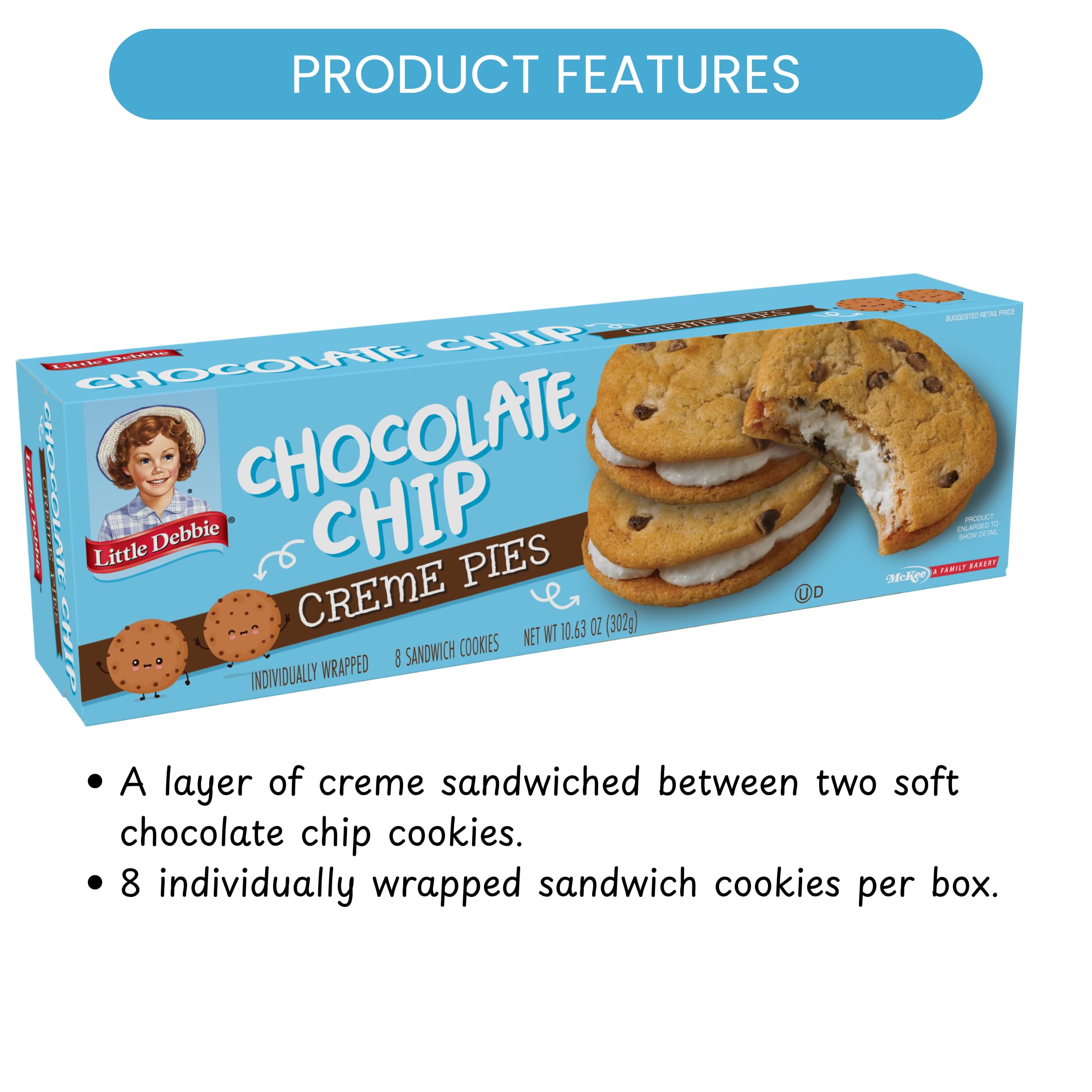 Little Debbie Chocolate Chip Creme Pies, uno strato di crema tra due biscotti al cioccolato morbido (8 scatole), marrone