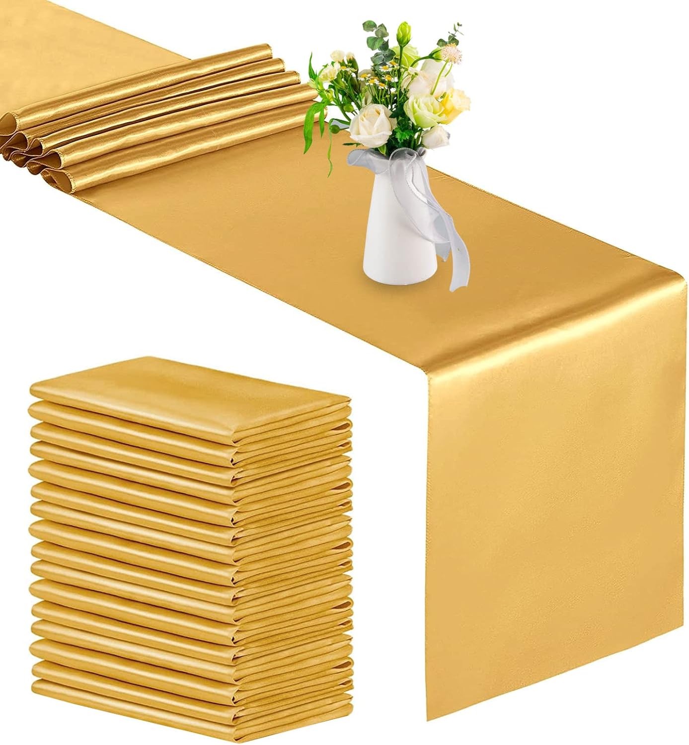 16 Pack Gold Satin Table Runners 12 x 108 Inches Satin Silk Table Runner for