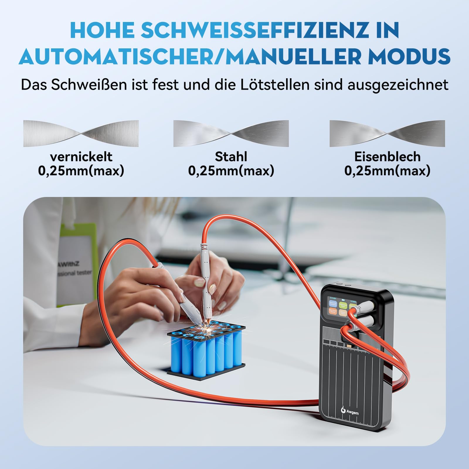 Akku-Punktschweißgerät, Tragbares Punktschweißgerät mit Doppelimpuls und 99 Zahnrädern für Eisen/Edelstahl/Nickelband /18650 Akku-Pack, einstellbare Punktschweißung 0.1MM-0.25MM