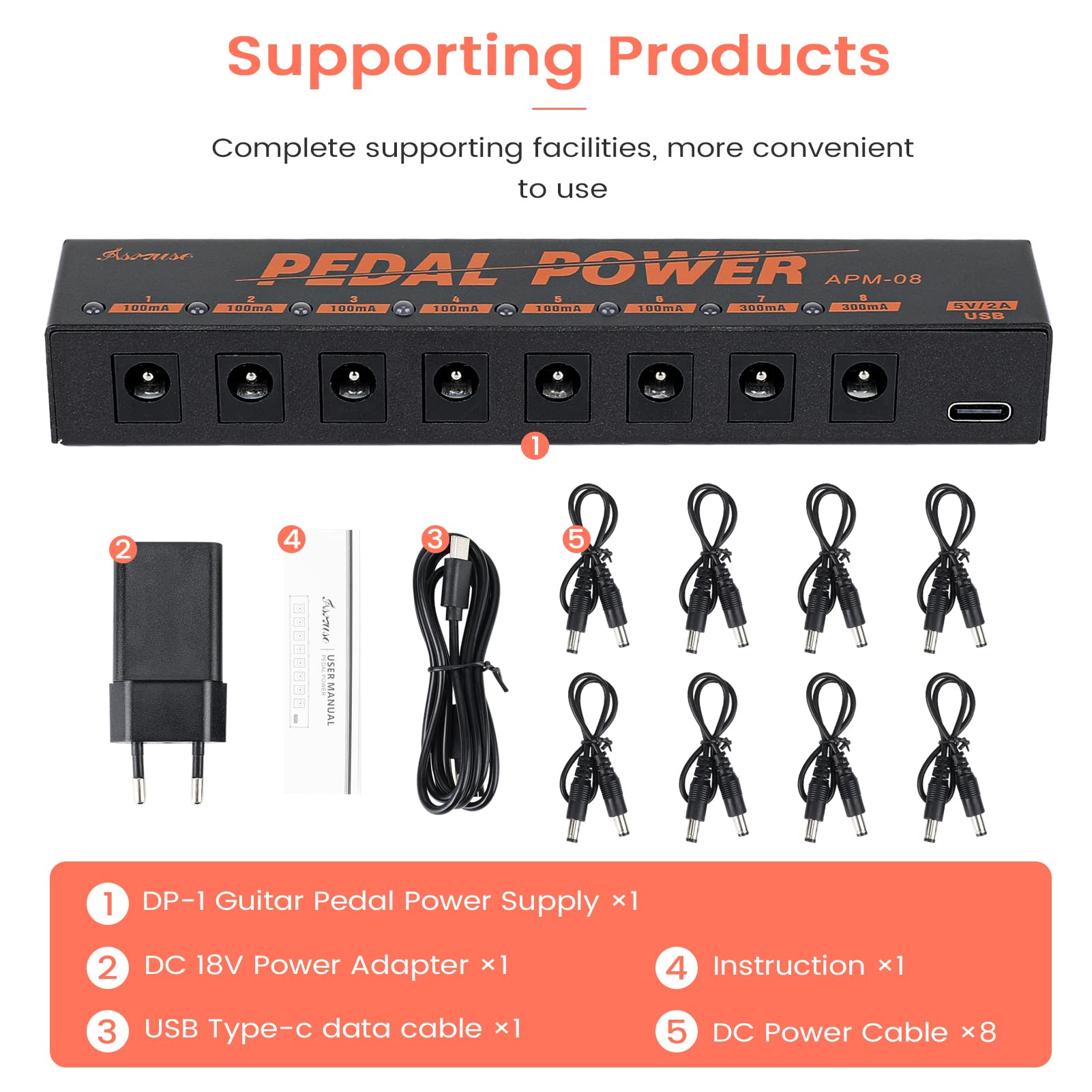 Asmuse Alimentatore Pedali per Chitarra con 8 Uscite DC per Pedali Effetti da 9V - Alimentatore per Pedaliera Chitarra con Protezione da Cortocircuito e Sovracorrente