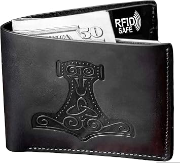 Genuine 100% Real Leather Handmade Wallet -Wallet for Men - Viking Accessories Nordic Gifts Thor Mjolnir Hammer Embossed Wallet - Mens Wallets Bifold Leather - RFID Blocking Black Leather Wallet km