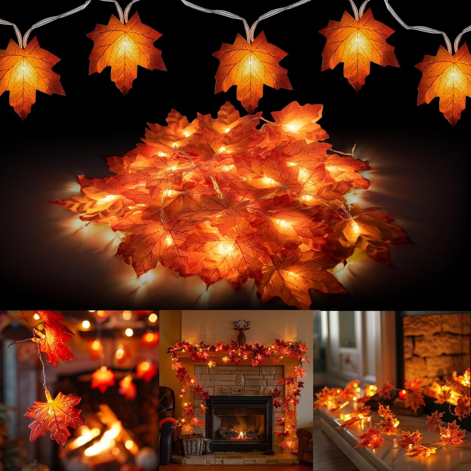 SOPSTUO Autumn Decoration Lights, Fall Garland with Pumpkin Maple String Lights
