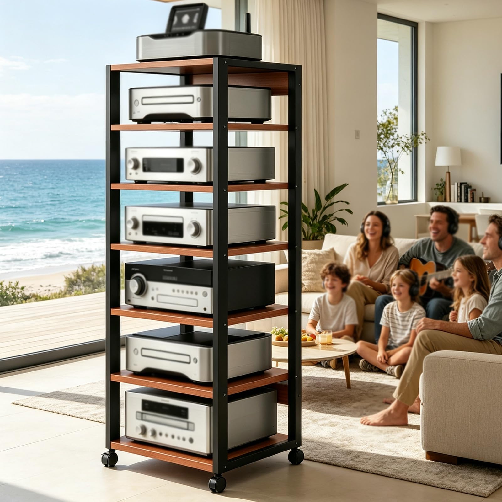 Mobile Giradischi, 5/7 Rack Audio Mobile Porta Stereo Hi Fi Con Ruote Universali, Amplificatore Mobiletto Regolabile，Scaffale AV Per Rack HiFi Mobiles, per Porta Vinili(Teak,7tier)