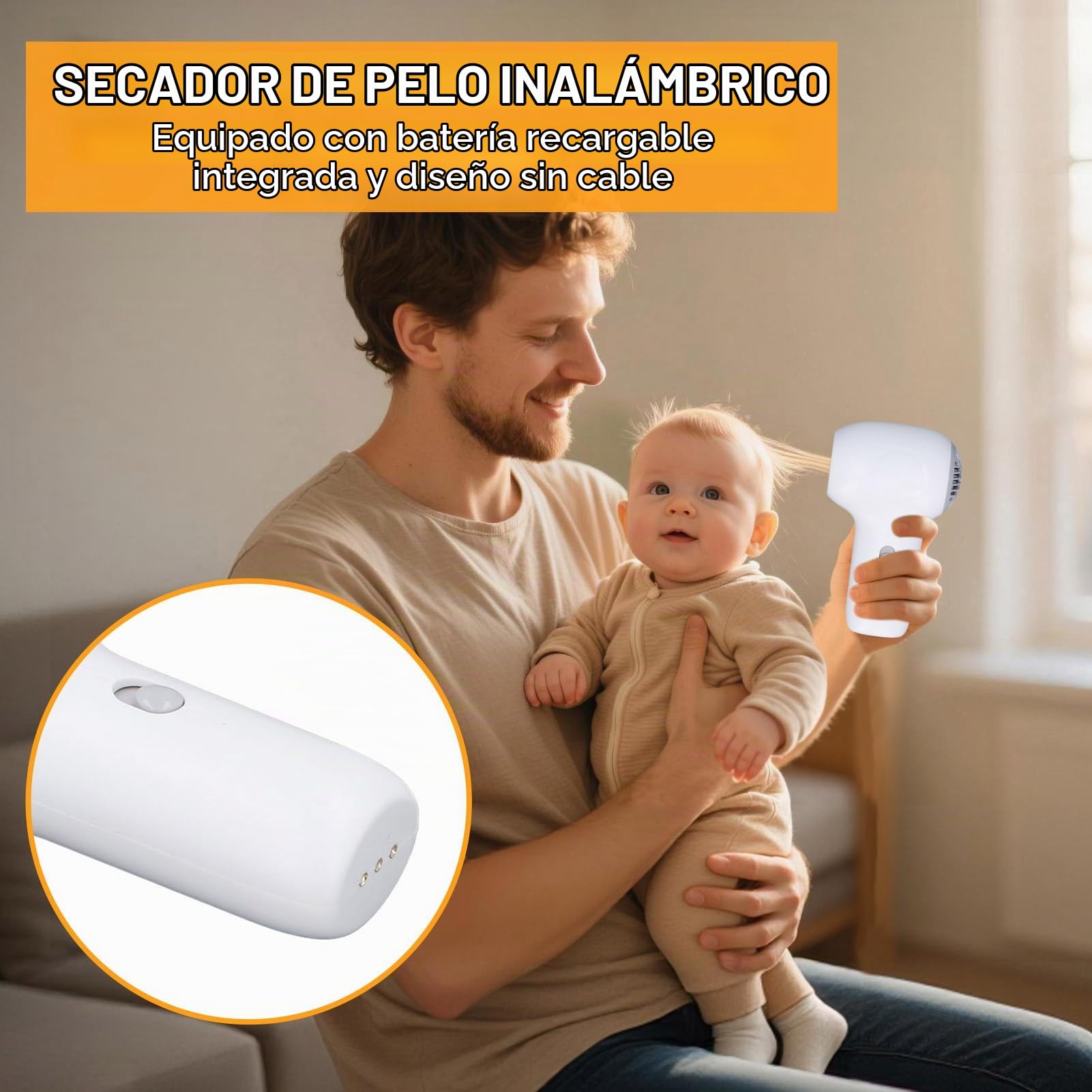 Secador de pelo de bebé inalámbrico, 2 velocidades de bajo ruido recargable secadora de cuerpo completo secador de pelo de viaje suave para el pañal del cabello y el cuerpo (Blanco + gris)