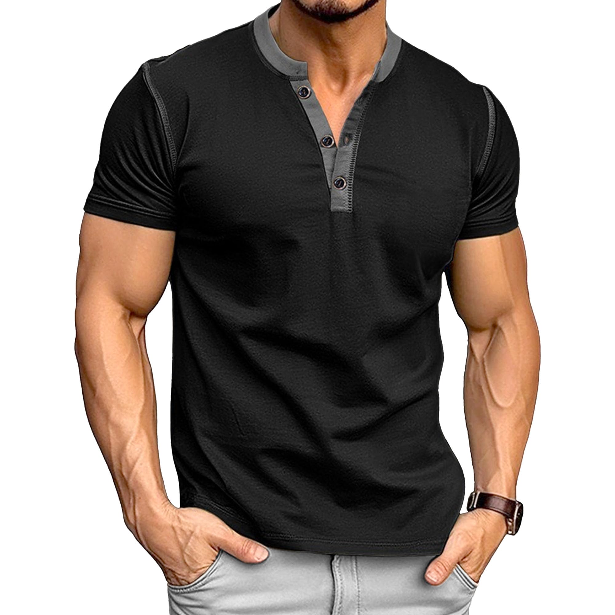 Men Round Neck Short Sleeve Henry Shirt Quarter Button Casual Sport Shirts Summer Exercise Training Pullover Tops (Black,3X-Large)