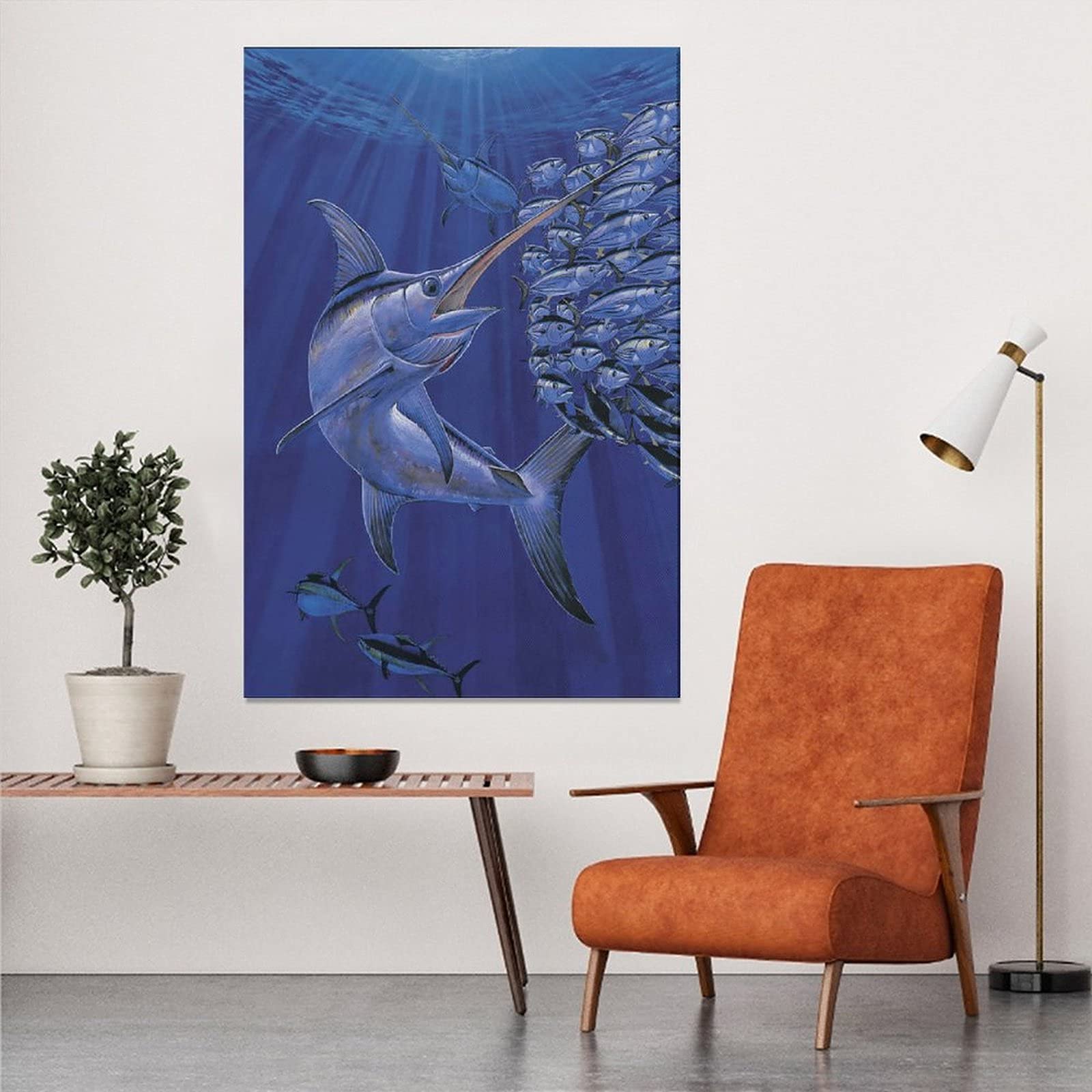 Decorazione della camera da letto su tela da parete, stampa indaco con pesce spada poster da bagno, immagini astratte moderne, decorazione da parete incorniciata, per pareti della camera da letto, da