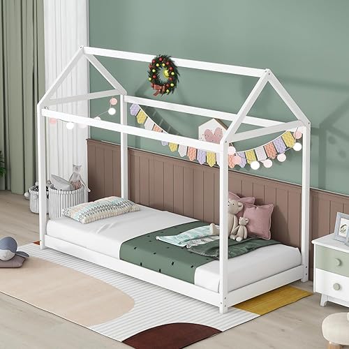 Bellemave - Cama de casa de tamaño individual, sofá cama de madera, cama de suelo para niños pequeños, adolescentes, niñas, niños, marco de cama de