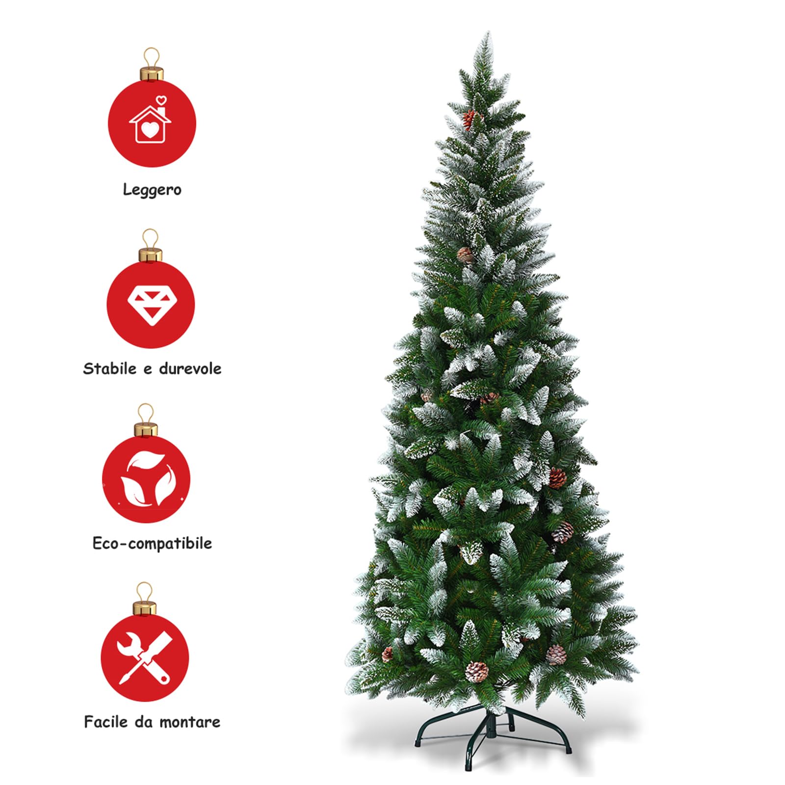 COSTWAY Albero di Natale Innevato 180/220 cm, Albero di Natale Slim con Pigne, Base di Metallo e Rami Rigogliosi in PVC, Ideale per Casa, Ufficio e Negozio (180 cm)