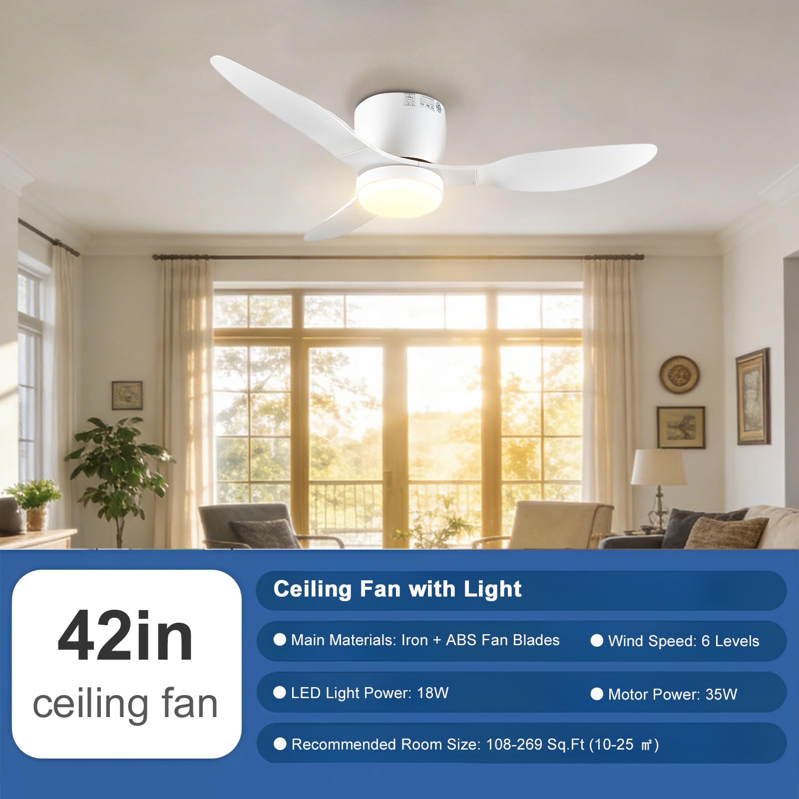 Ventilador de Techo Moderno Blanco con luz, silencioso, Regulable, LED, para Dormitorio, Comedor y Sala de Estar, Control Remoto Inteligente/App/Voz, 6 velocidades.