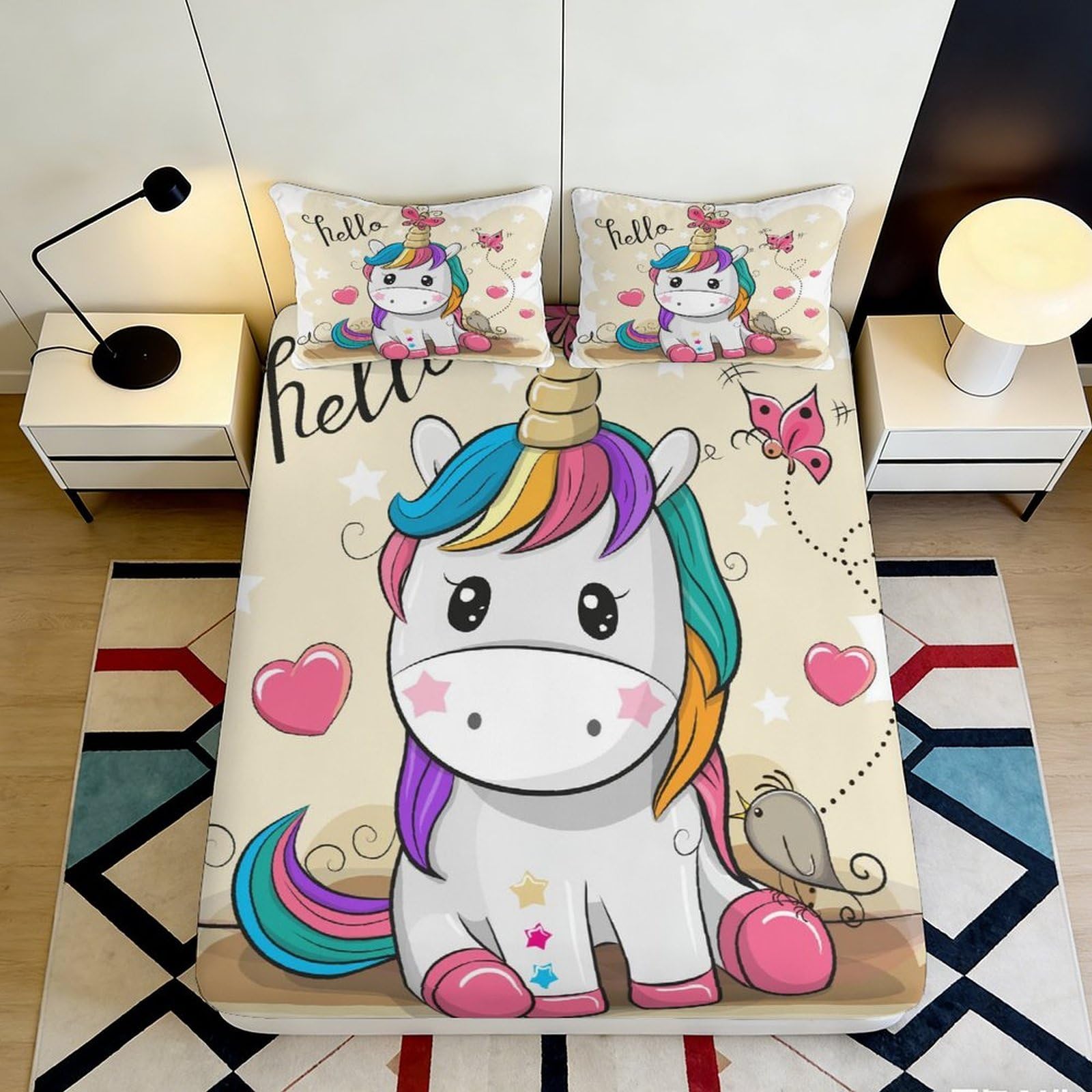 3D Printed Cute Unicorn Fitted Sheet Microfiber Soft Rainbow Cartoon Hearts Bed Cover for Bedroom Dorm Mattress Protection Decor 90x200x25cm