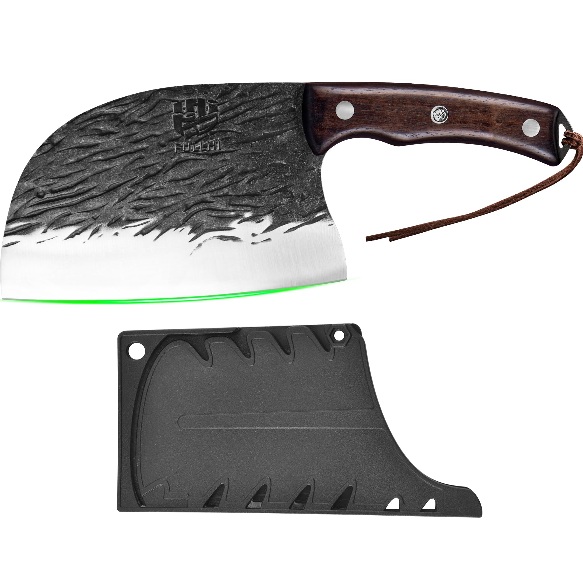 FULLHI Coltello da macellaio con fodero, coltello da cuoco serbo Tang, coltello da verdure con mannaia in acciaio al carbonio per esterno, campeggio