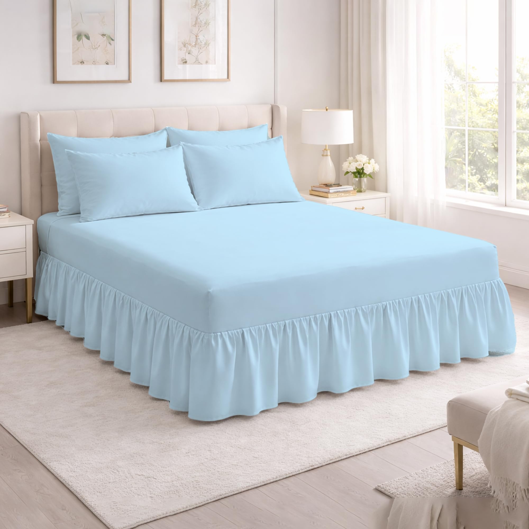 Reliancebedding Sky-Blue Super King Valance Fitted Sheet 100% Egyptian Cotton 400Tc Luxury Frilled