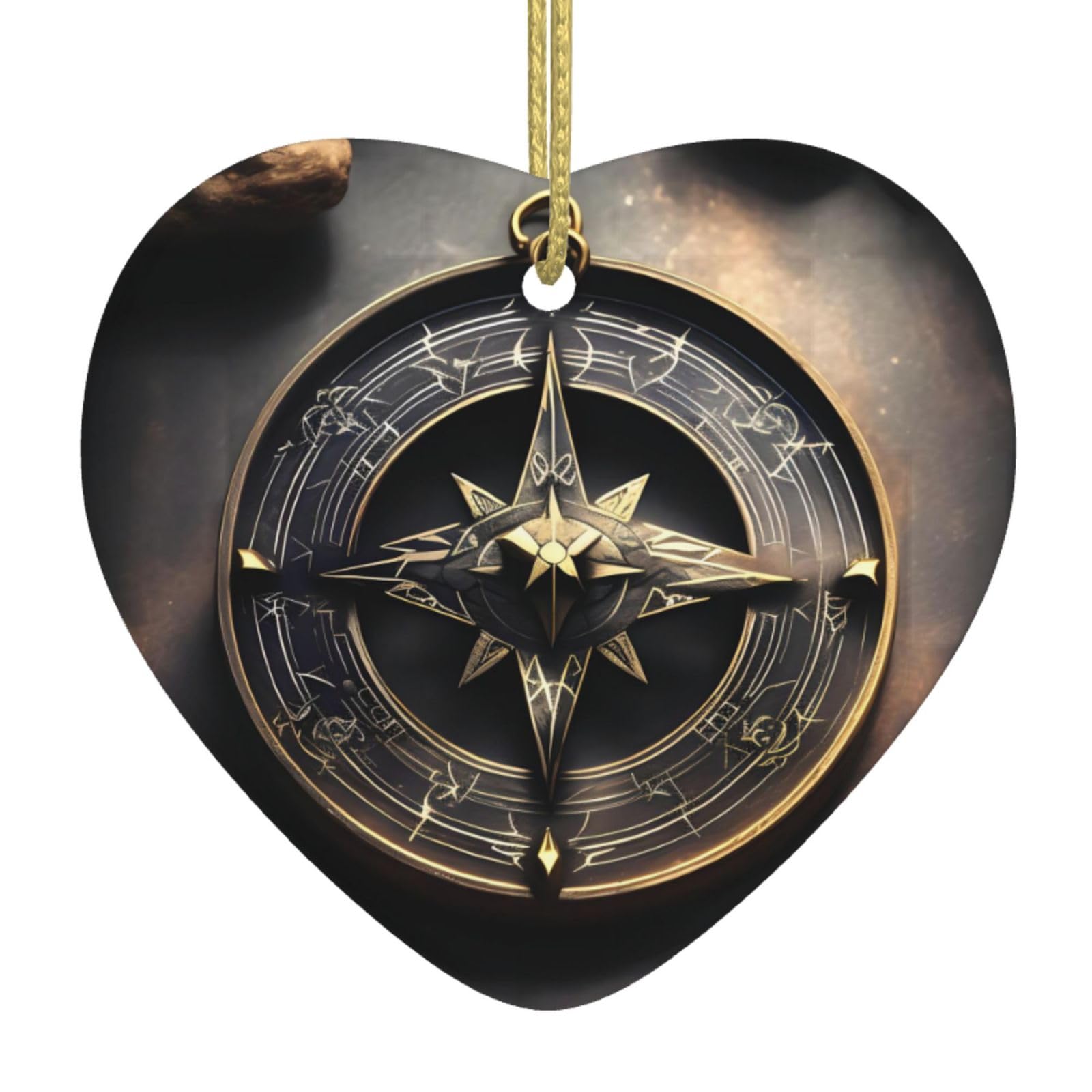 Magical Design Norse Runes Compass Ceramic Christmas Heart Pendant with Silk Thread, Christmas Tree Home Decoration