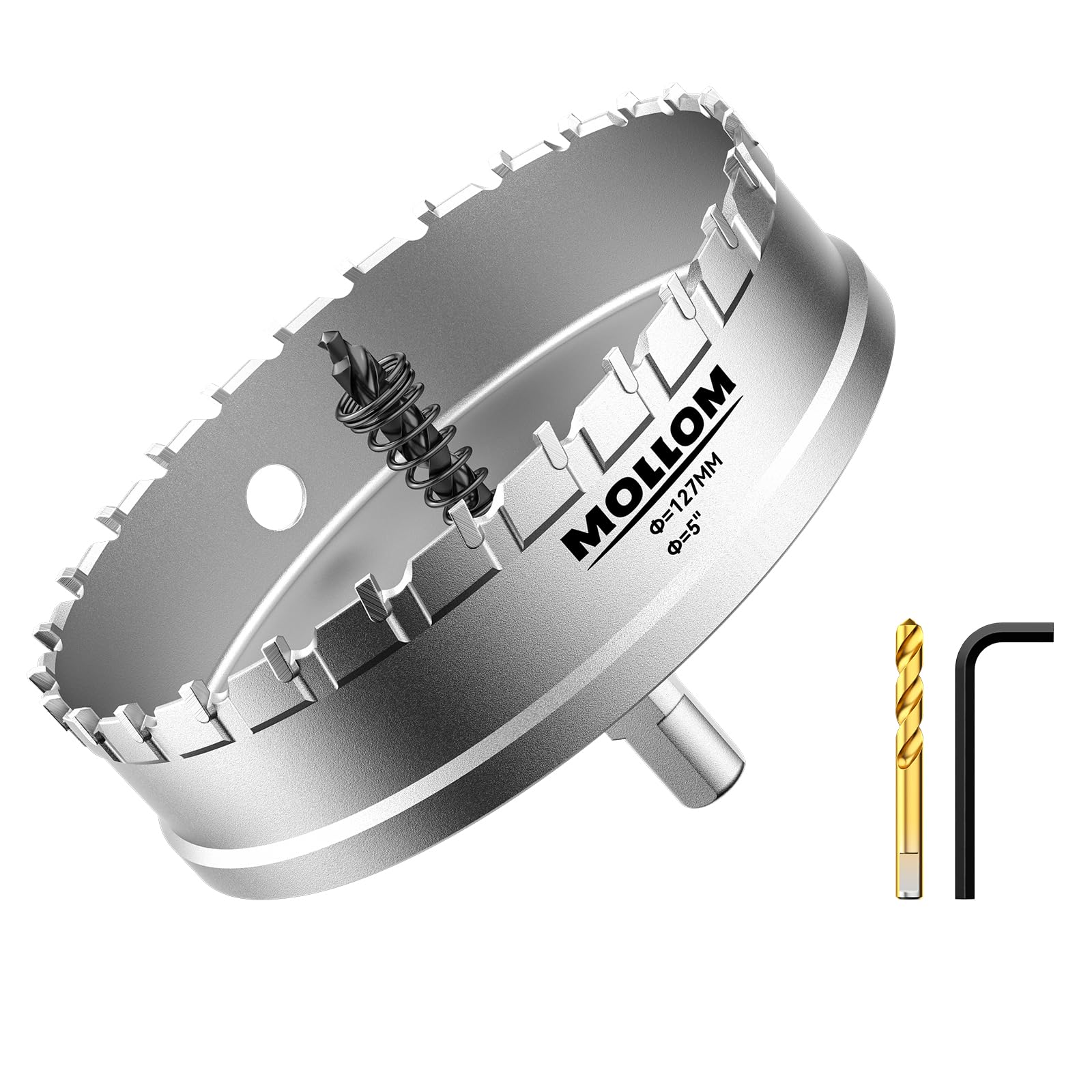 Mollom (5''|127mm) Heavy Duty Carbide Hole Saw with 2 Pilot Drill Bits, Hole Cutter cuts Stainless Steel, mild Steel, Iron, Copper, Brass, Plastic