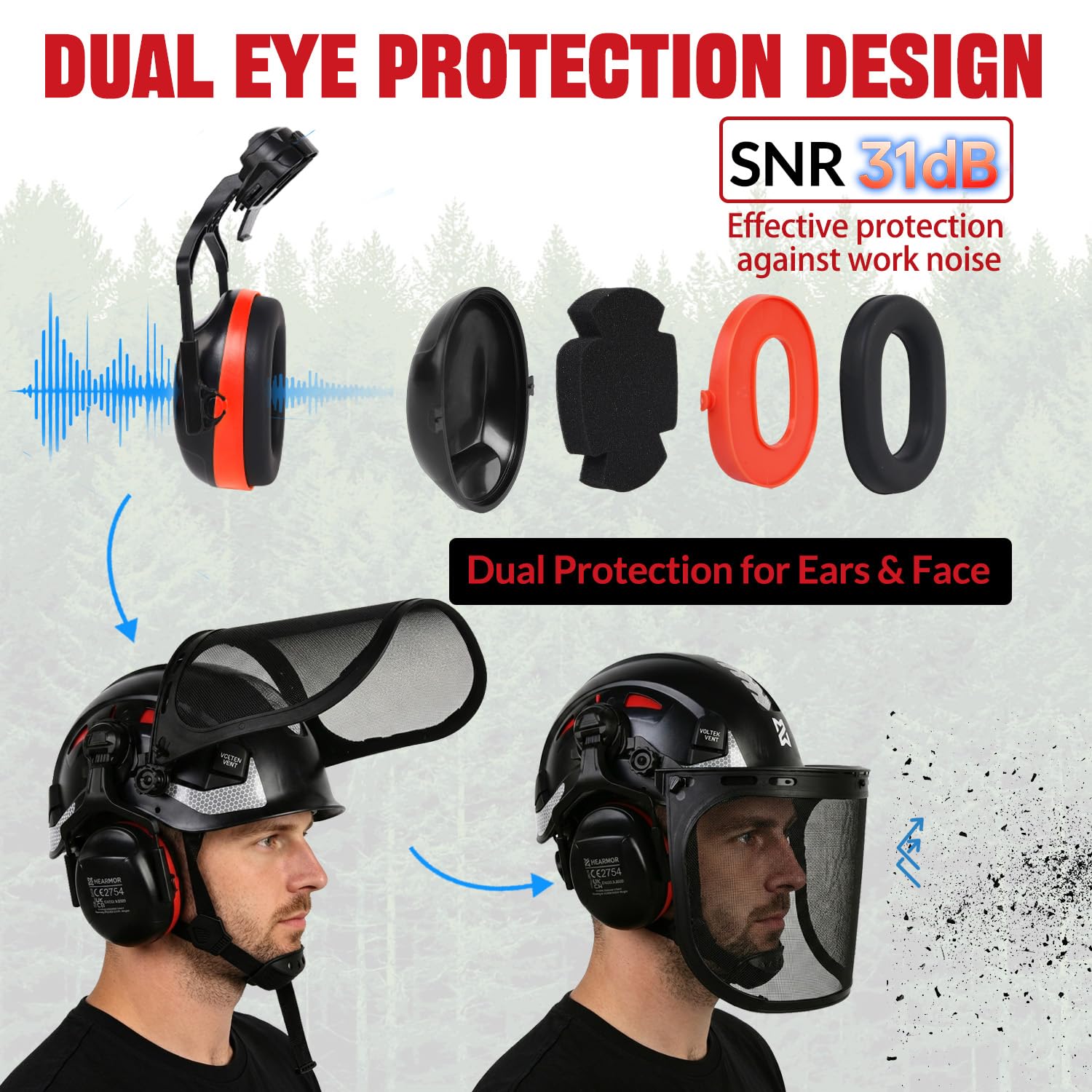HEARMOR VOLTEK 5 en 1 - Casco de protección forestal con casco, orejeras, visera, gorro para el sudor y bolsa de transporte, antigolpes y ventilación cómoda, casco de ABS para trabajadores forestales