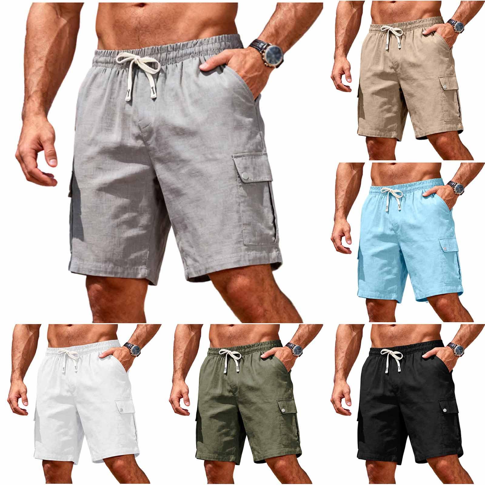 Kurze Hosen Herren Kurz Leinenhose Sommer Casual Shorts Arbeitshose Atmungsaktiv Outdoorshorts Herrenshorts mit Kordelzug Männer Freizeitshorts Baggy Bermuda Kurz Hose Grau L