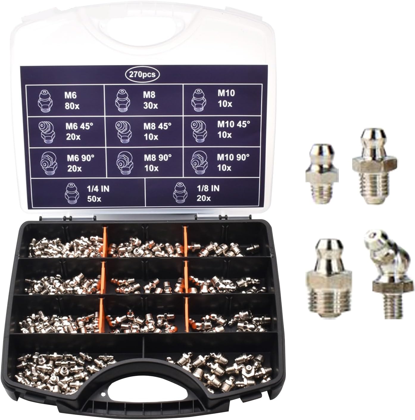 270 Piece Grease Nipple Assortment - Lubrication Fittings Kit for Mechanical Service | Agricultural Machinery Bikes Trucks Equipment Repair Hardware Set
