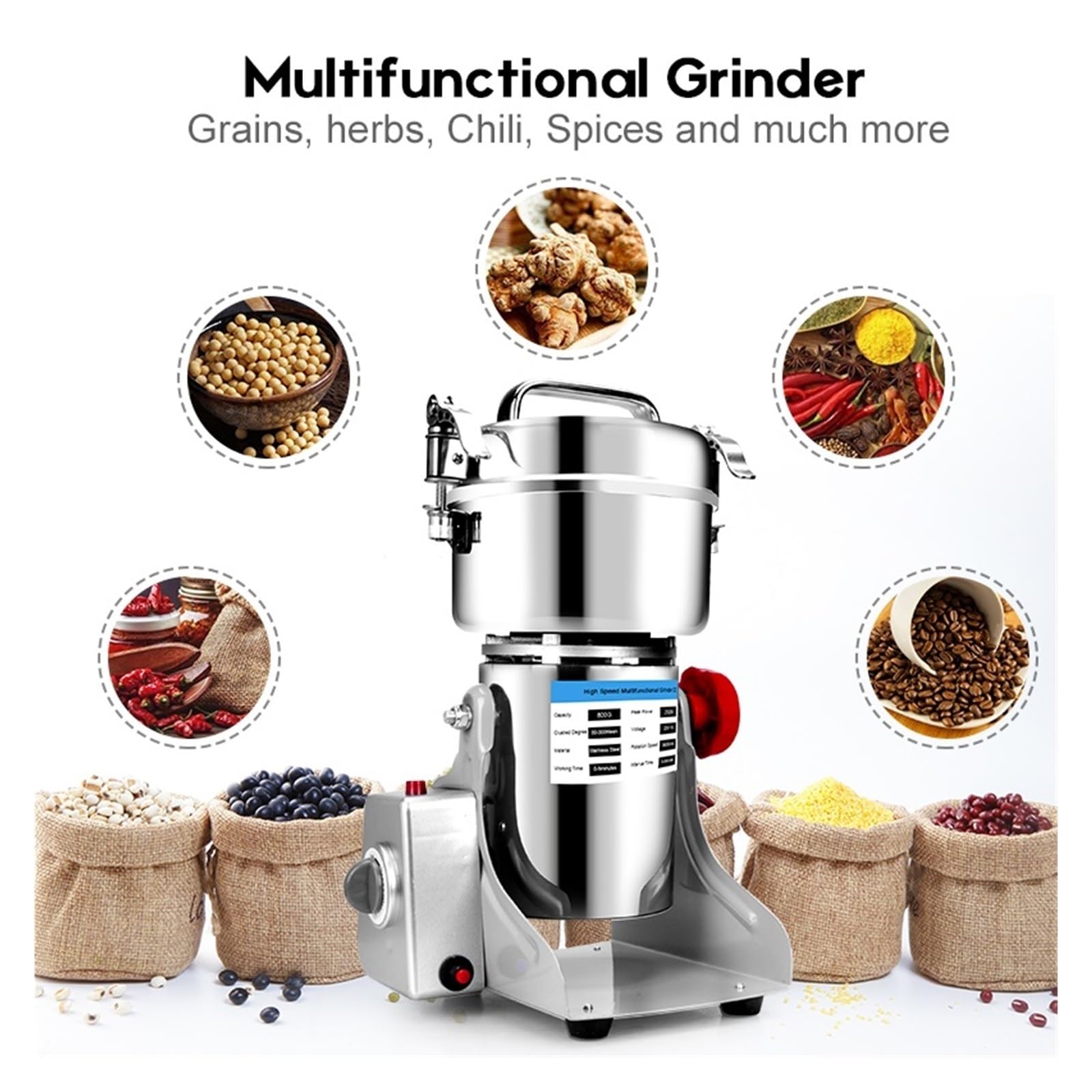 Macinino Elettrico di Grande capacità 800 g 3000 W, macinino per Erbe aromatiche, Macchina da caffè, Mulino per Cereali e spezie, Miscelatore per medicinali e Grano, per Alimenti s