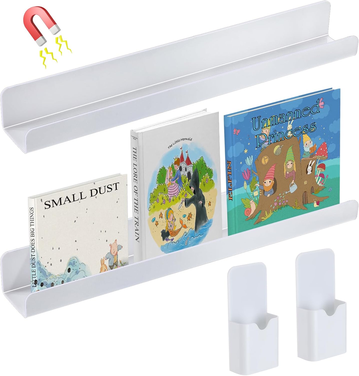 Apipi 2 Set Acrylic Magnetic Book Shelf & Pen Holder for Whiteboard, 8.8Lbs Bearing Magnetic Books Display Holder for Teacher Classroom Office, White