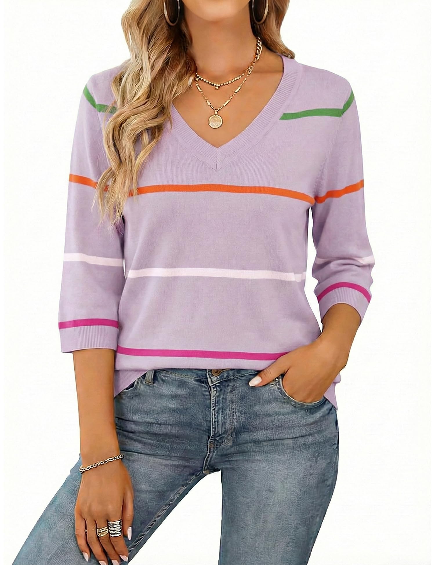 Womens Sweaters 3/4 Sleeve Casual V Neck Spring Lightweight Knit Tops 2026 Trendy Pullovers S-XL-image-43