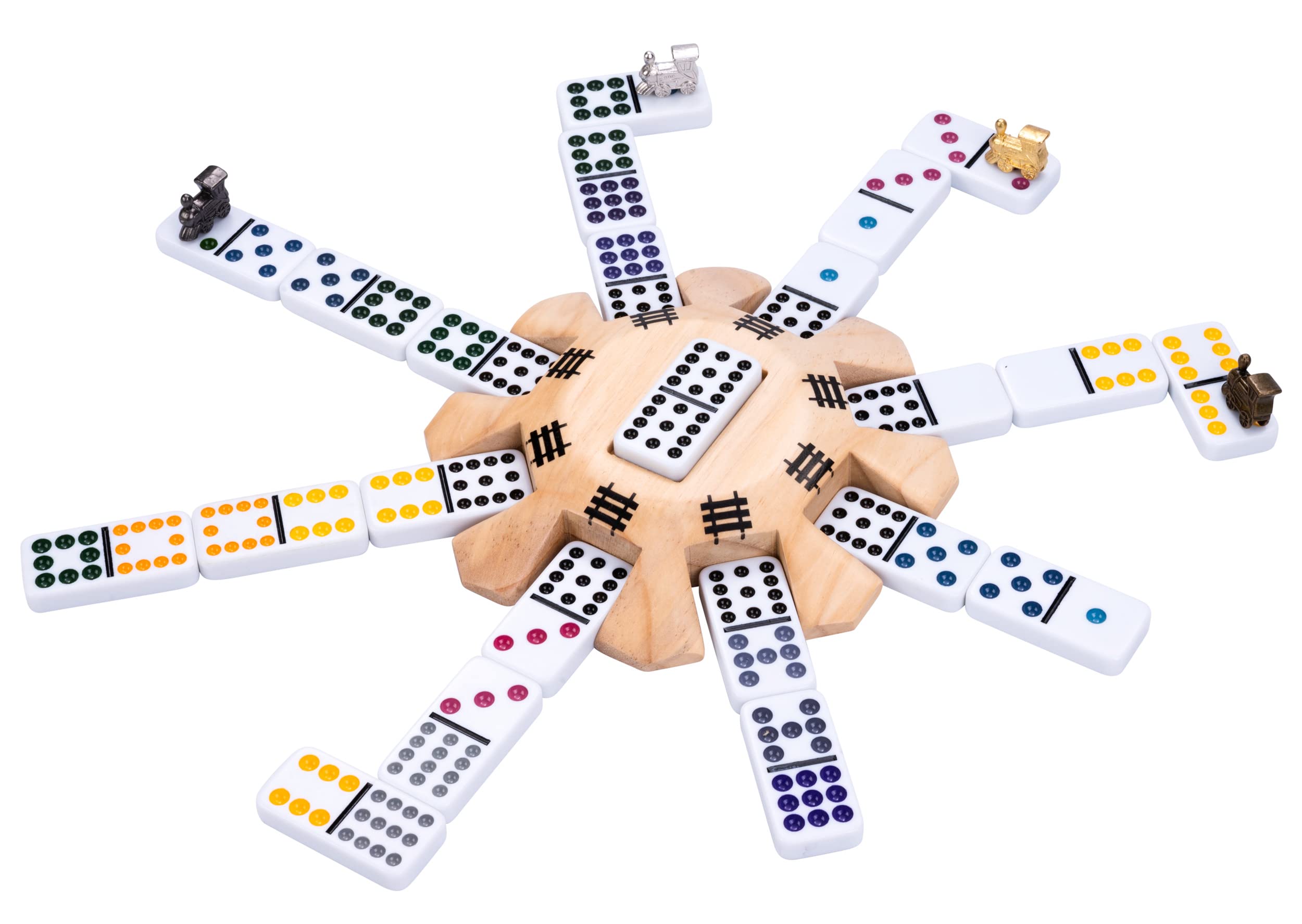 Engelhart – 250120 – Zestaw Mexican Train D12 Deluxe – 91 kamieni – drewniana skrzynka – notes – stacja – 8 pociągów – 2–8 os.