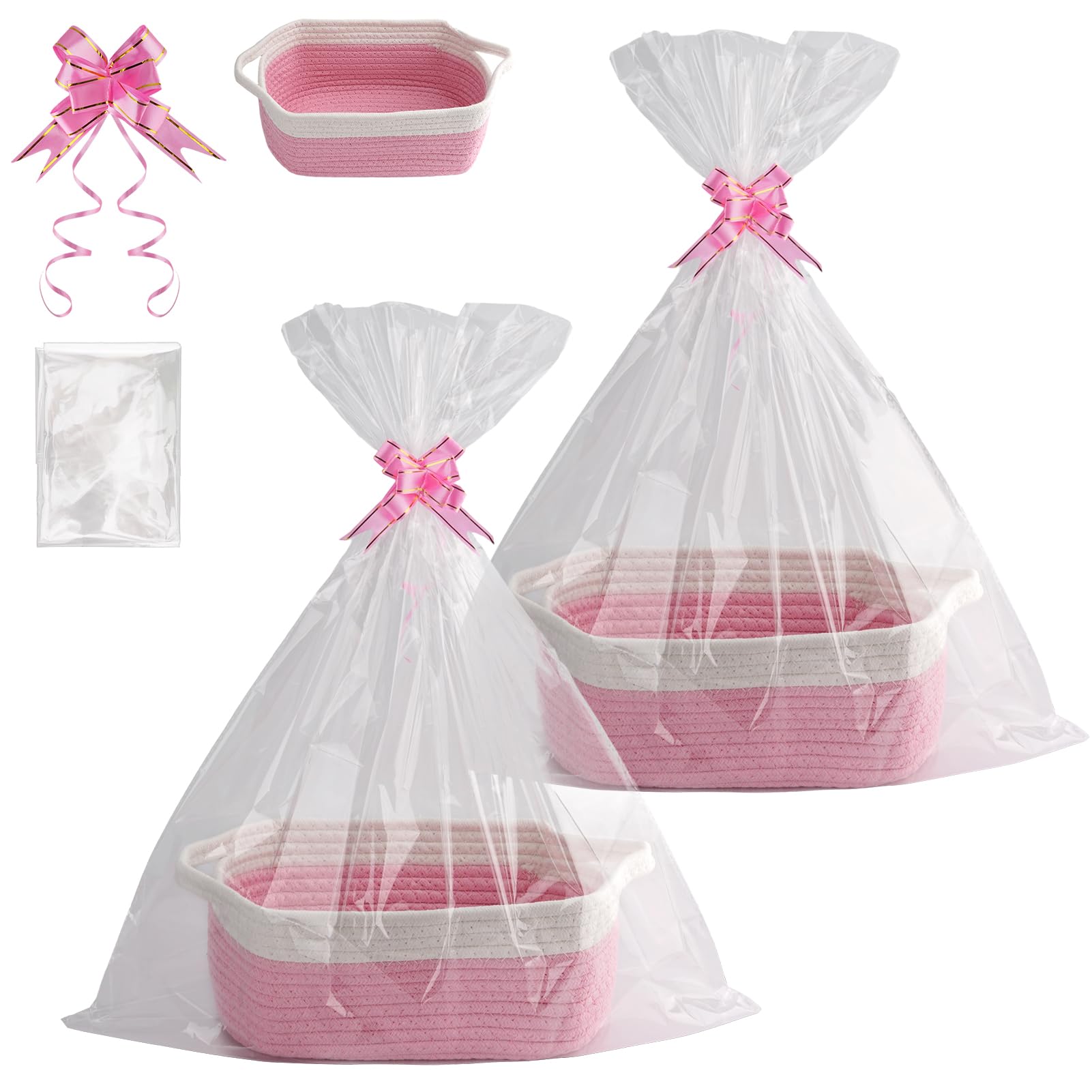 Gift Baskets, 2 Pack Empty Hamper Baskets for Gifts with Cellophane and Bows, Empty Woven Storage Baskets with Handles Perfect for Baby Shower, Wedding, Birthday & Housewarming
