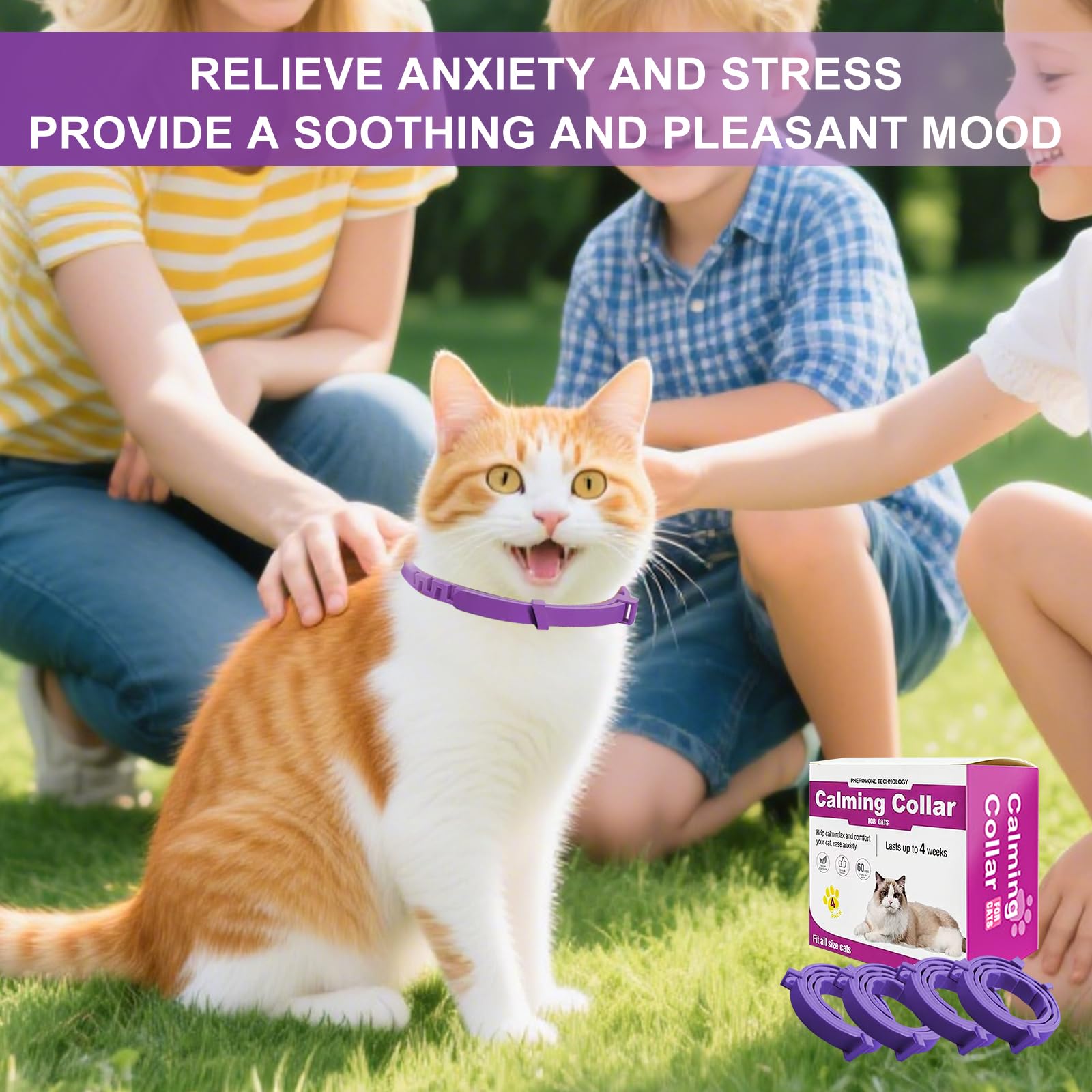 Cat Calming Collar, 15-Inch Adjustable, 60-Day Stress Relief, Purple, 4-Pack - image 3