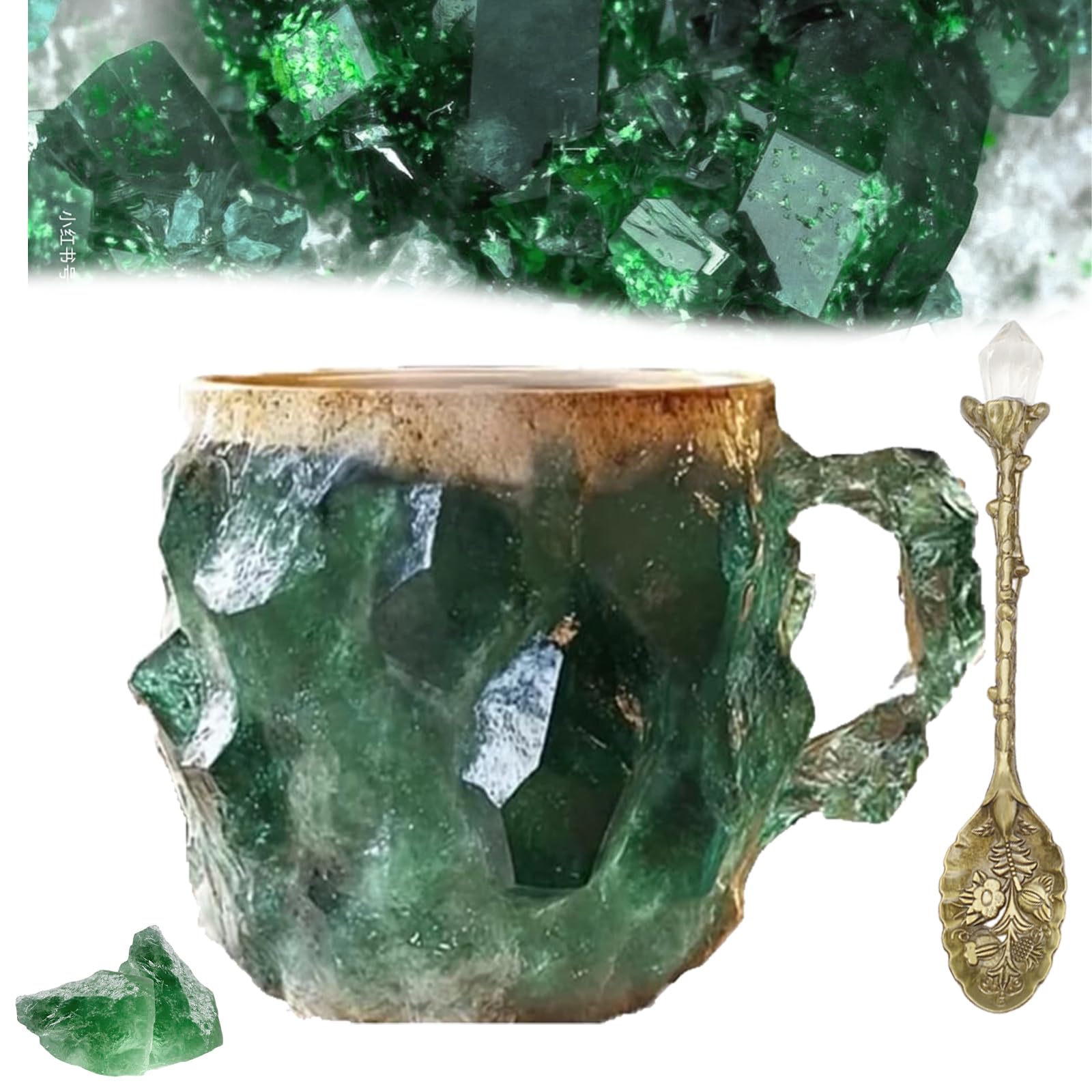 Mineral Crystal Coffee Mugs, Crystal Mugs for Coffee, Natural Mineral Crystal Coffee Mug, 2024 Multi-Colored Crystal Mineral Coffee Mugs, Mineral Crystal Coffee Mugs With Spoon (Green)