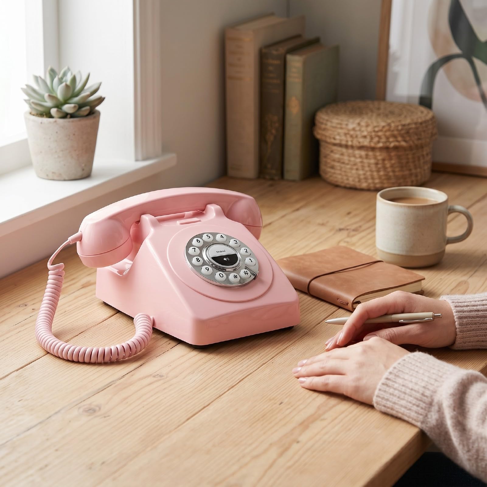 Yctze Téléphone Fixe Bluetooth Rétro, sans Fil Rechargeable (Pink)