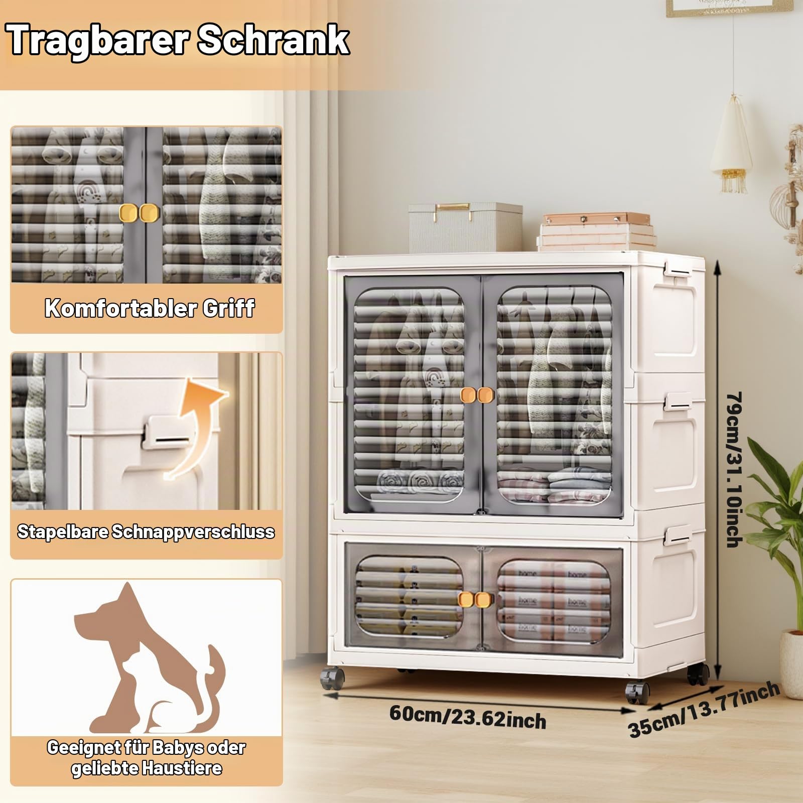 Tragbarer Kleiderschrank mit Doppeltüren, Zusammenklappbarer Schrank mit Rollen, Stapelboxen Kunststoff Klappkommode mit 1 Aufhängung + 1 Aufbewahrungen, 60 x 35 x 79cm, Weiß