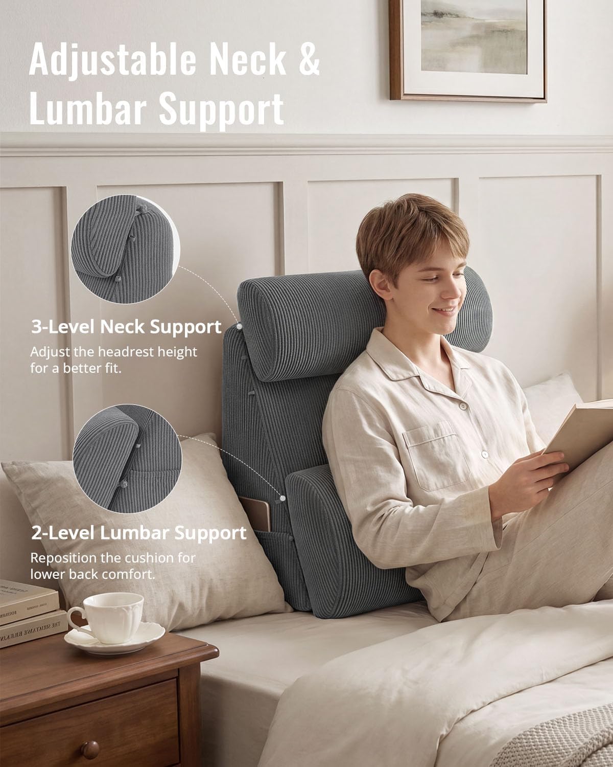 Blissful Diary Reading Pillow, Wide Backrest with Adjustable Support, Grey