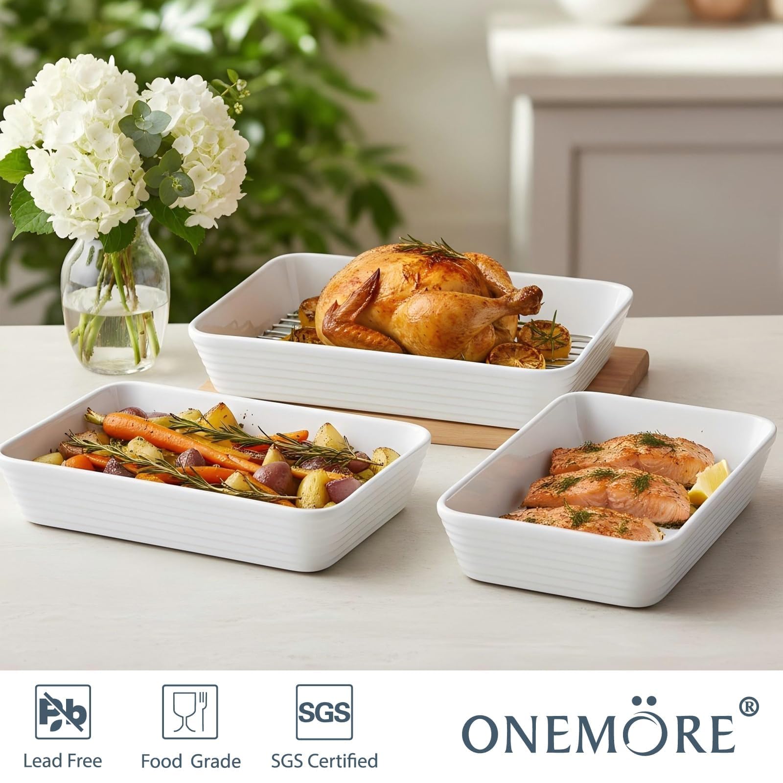 ONEMORE Set di 3 Pirofile in Ceramica con Griglia | Teglie Rettangolari per Forno | Ideali per Lasagne, Tiramisù, Sformati e Gratinati | 3 Dimensioni: 2,8L, 2L, 1,2L