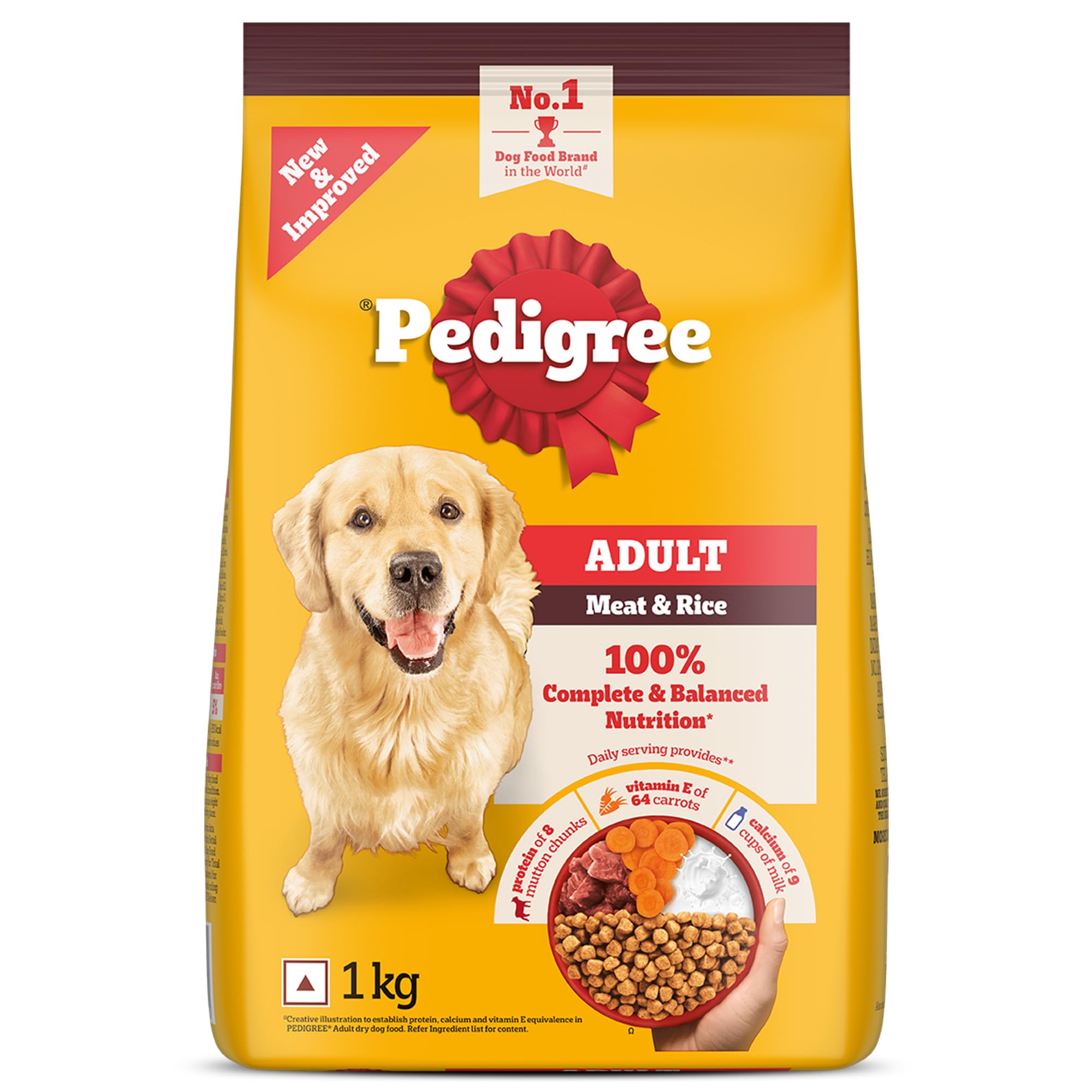Adult Dry Dog Food, Meat & Rice, 1 kg, Contains 37 Essential Nutrients, 100% Complete & Balanced Food for Adult Dogs